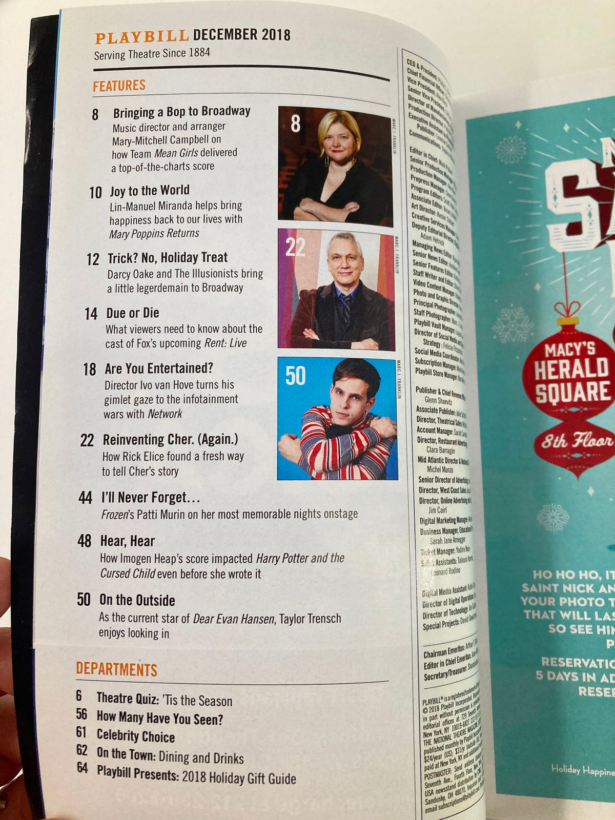 Inside page of the 2018 Playbill for 'The Waverly Gallery' highlighting features and articles from December 2018.