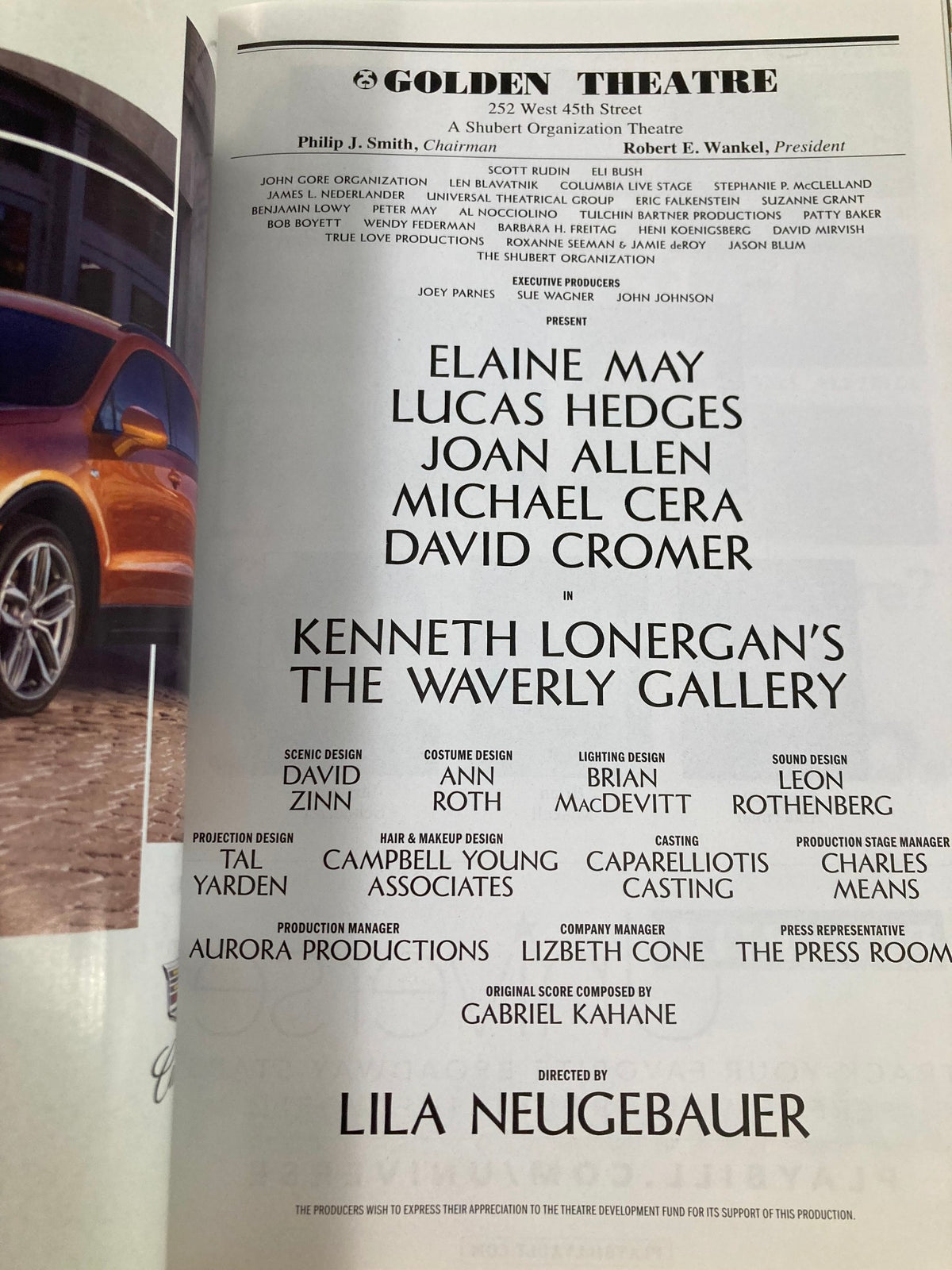 Credits page of the 2018 Playbill for 'The Waverly Gallery' listing the cast and creative team including Elaine May and Lucas Hedges.