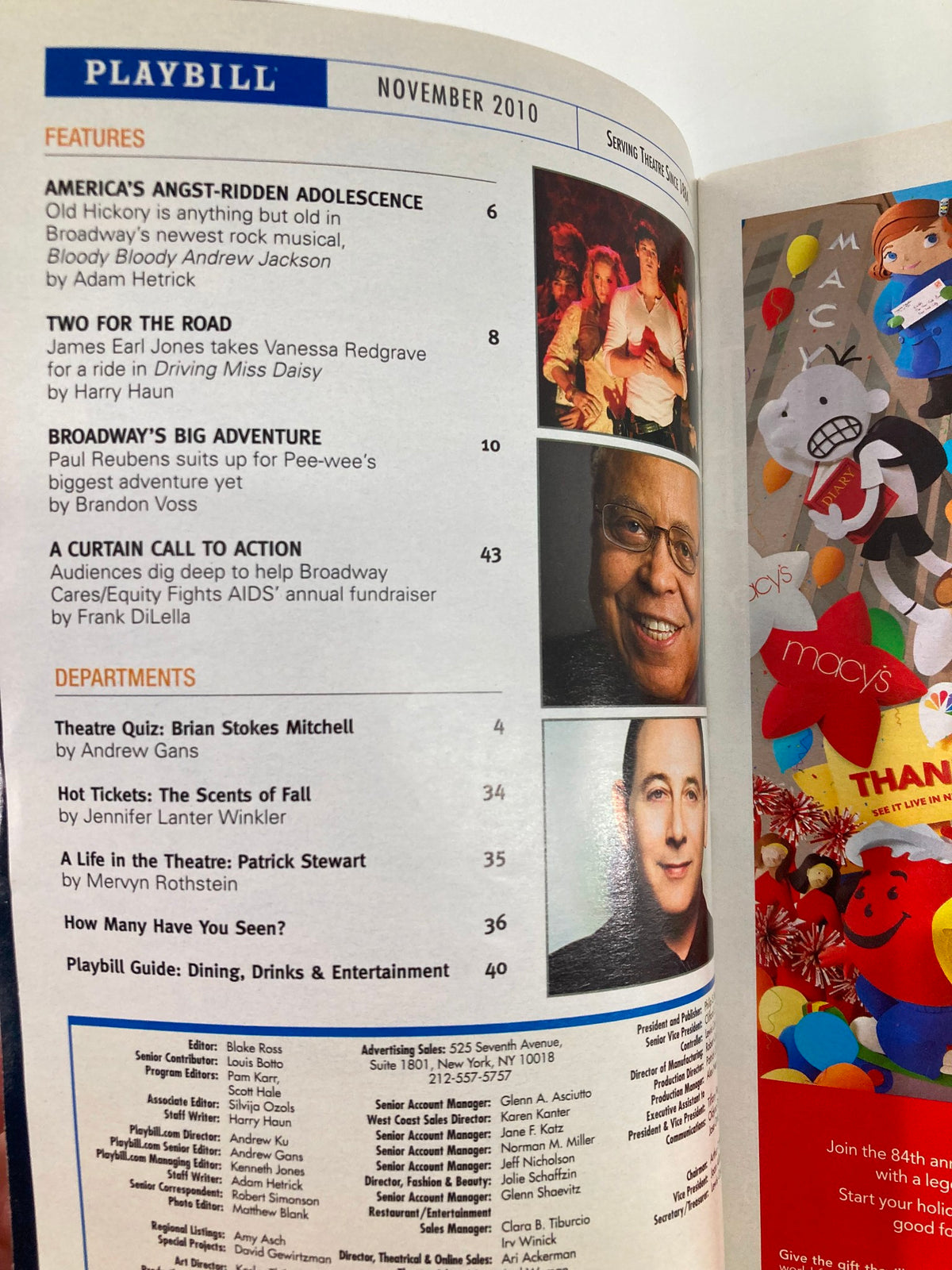 Inside view of the 2010 Playbill for Lombardi, highlighting various features and articles related to Broadway performances.