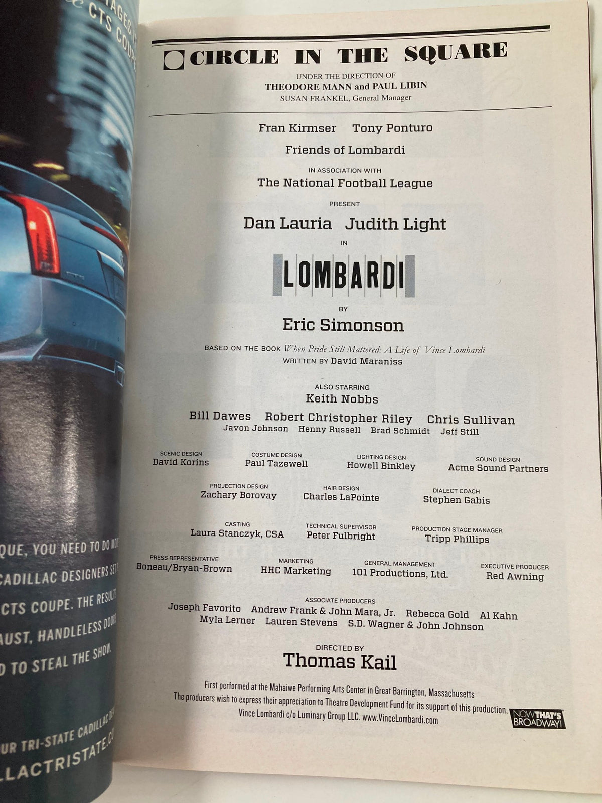 2010 Playbill for Lombardi at Circle in the Square featuring Dan Lauria and Judith Light, showcasing the cast and production details in a theatrical setting.