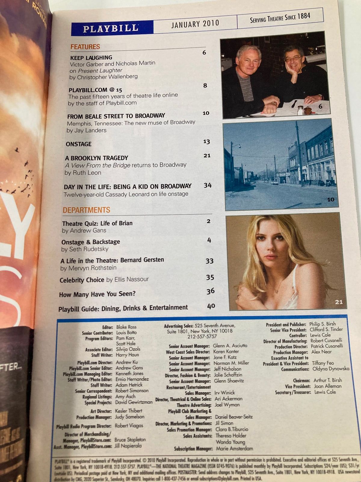 Inside page of the 2010 Playbill from Ethel Barrymore Theatre highlighting articles and features, including key information on the drama 'Race'.