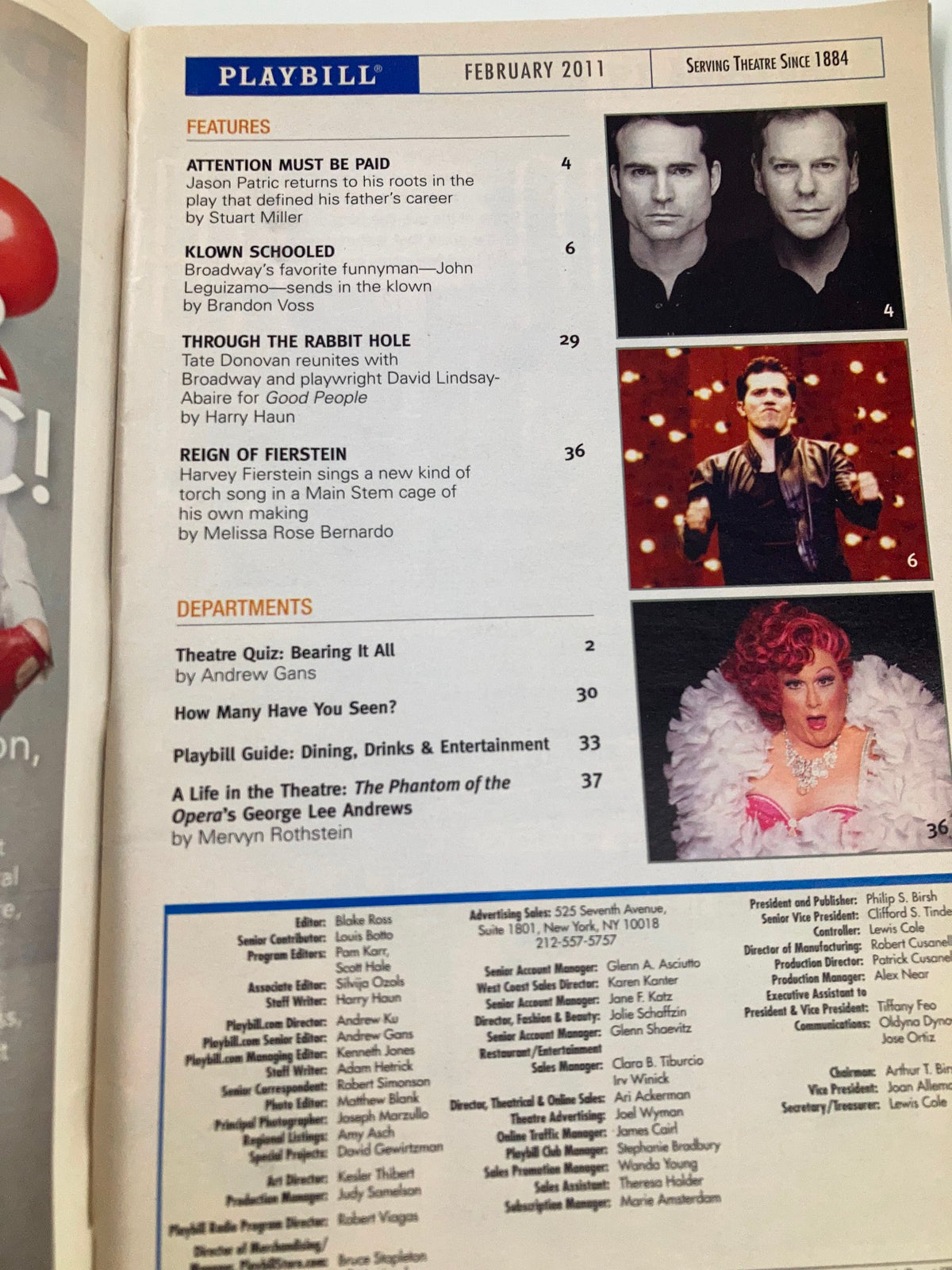 Inside page of the 2011 Playbill for Good People, highlighting various articles and performances from Broadway including a spotlight on Jason P. Fritts.