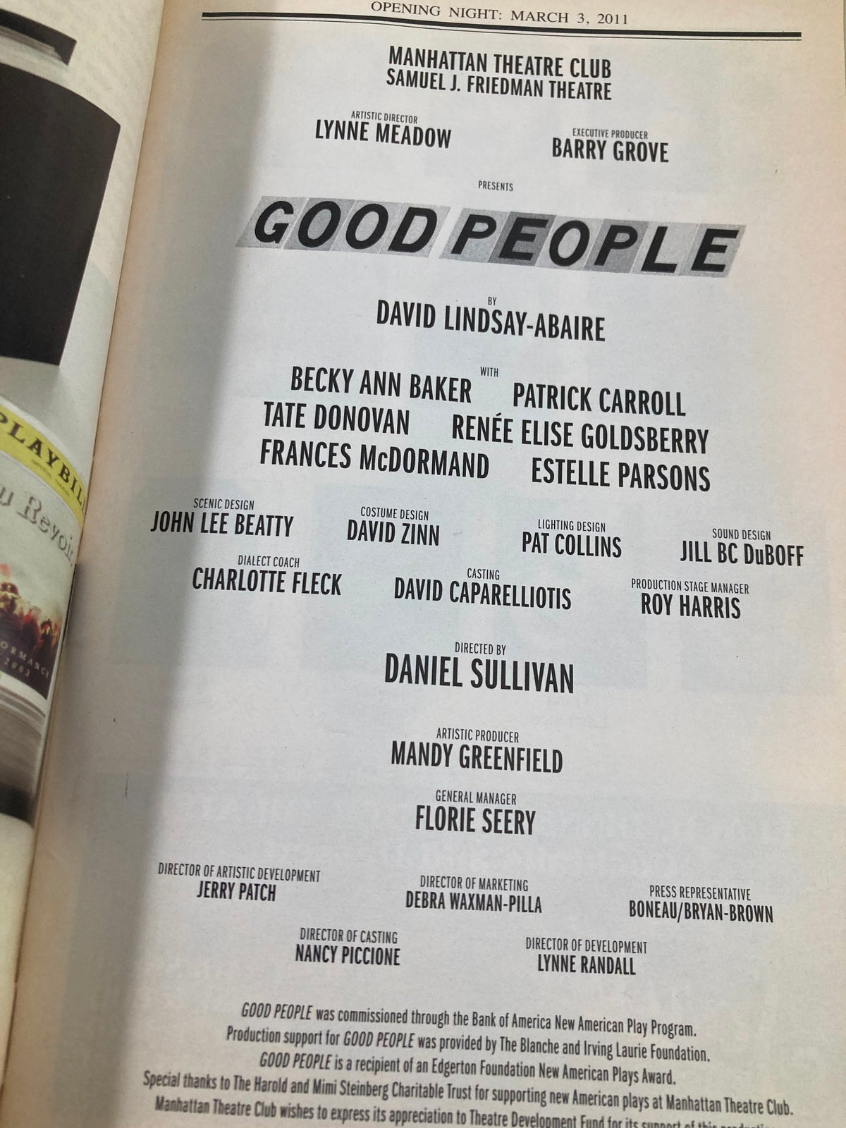 Opening night credits page of the 2011 Playbill for Good People, detailing the cast and creative team involved in the production.