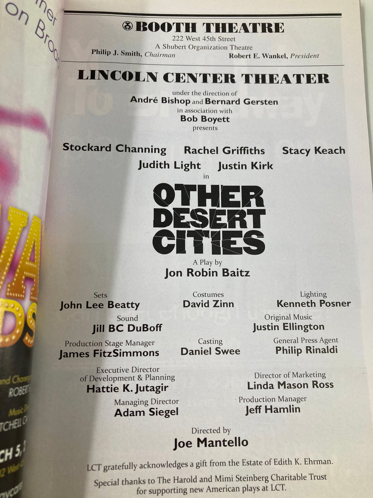 Program details from the Booth Theatre's 2012 Playbill for 'Other Desert Cities', highlighting the cast including Stockard Channing and Justin Kirk, crucial for theater enthusiasts and collectors.