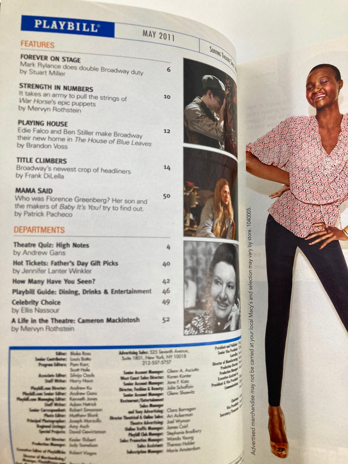 Inside view of the May 2011 Playbill featuring articles and listings from Broadway shows, highlighting the vibrant theater scene.