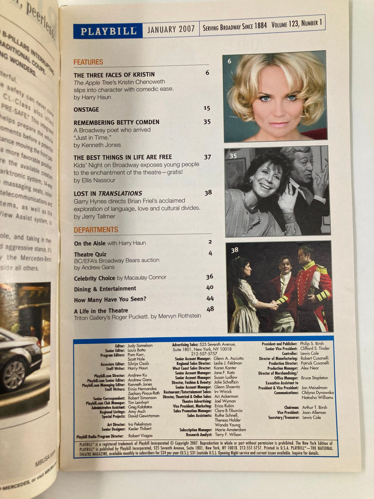 Inside page of the 2007 Playbill for The Vertical Hour, listing features and other productions, including a section on Kristin Chenoweth.