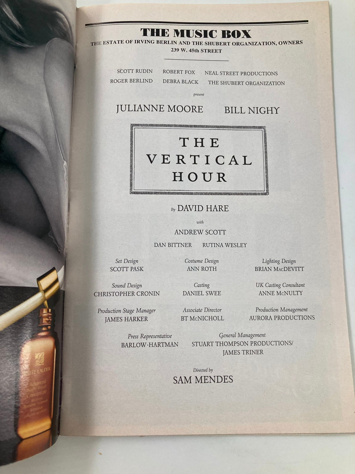 The credits page from the 2007 Playbill for The Vertical Hour, detailing the production team and the cast, prominently featuring Julianne Moore and Bill Nighy.
