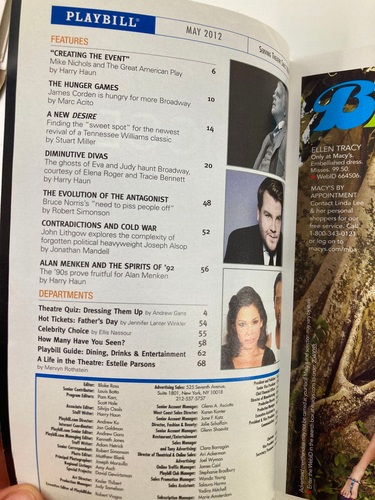 Inside page of the 2012 Playbill highlighting features of Broadway shows including The Hunger Games and creating the event.