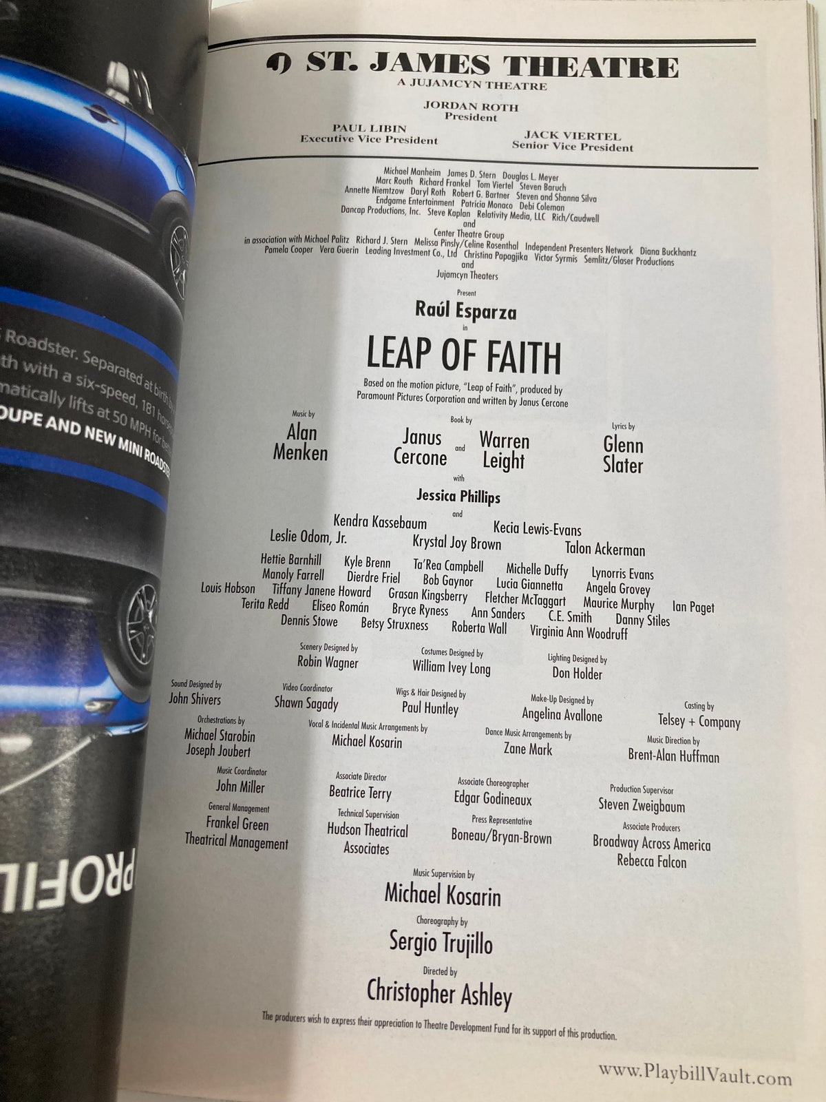 Detailed cast list from the 2012 Playbill of Leap of Faith at St. James Theatre showcasing actors including Raul Esparza and Jessica Phillips.