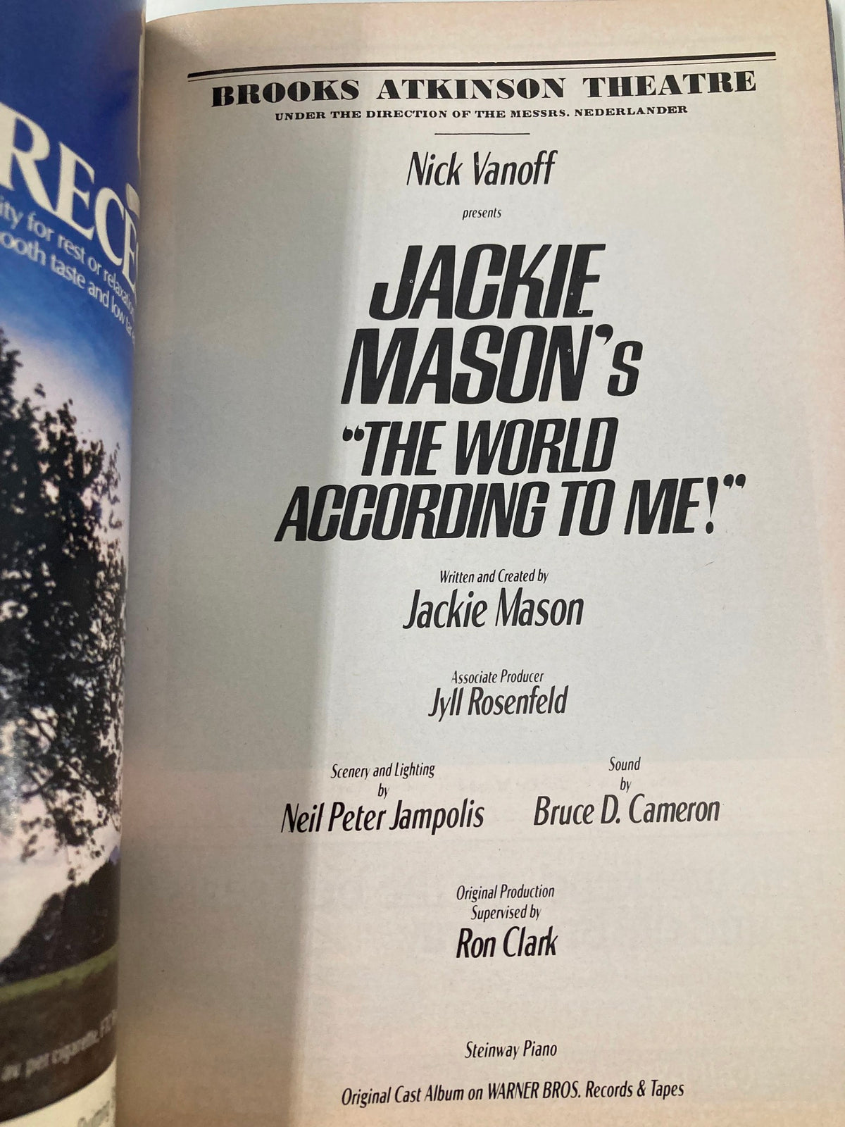 Title page of Jackie Mason's The World According To Me! in the 1988 Playbill, showcasing the show's details and production credits.