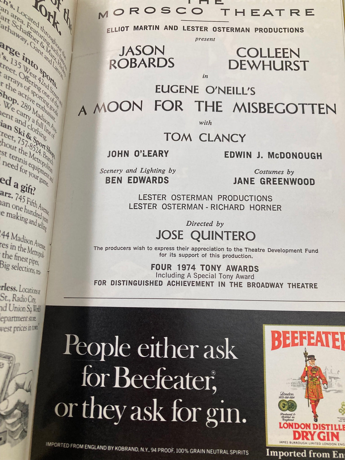 1974 Playbill A Moon for the Misbegotten, featuring cast details including Jason Robards and Colleen Dewhurst, alongside production information and director credits, highlighting the theatrical talent involved.