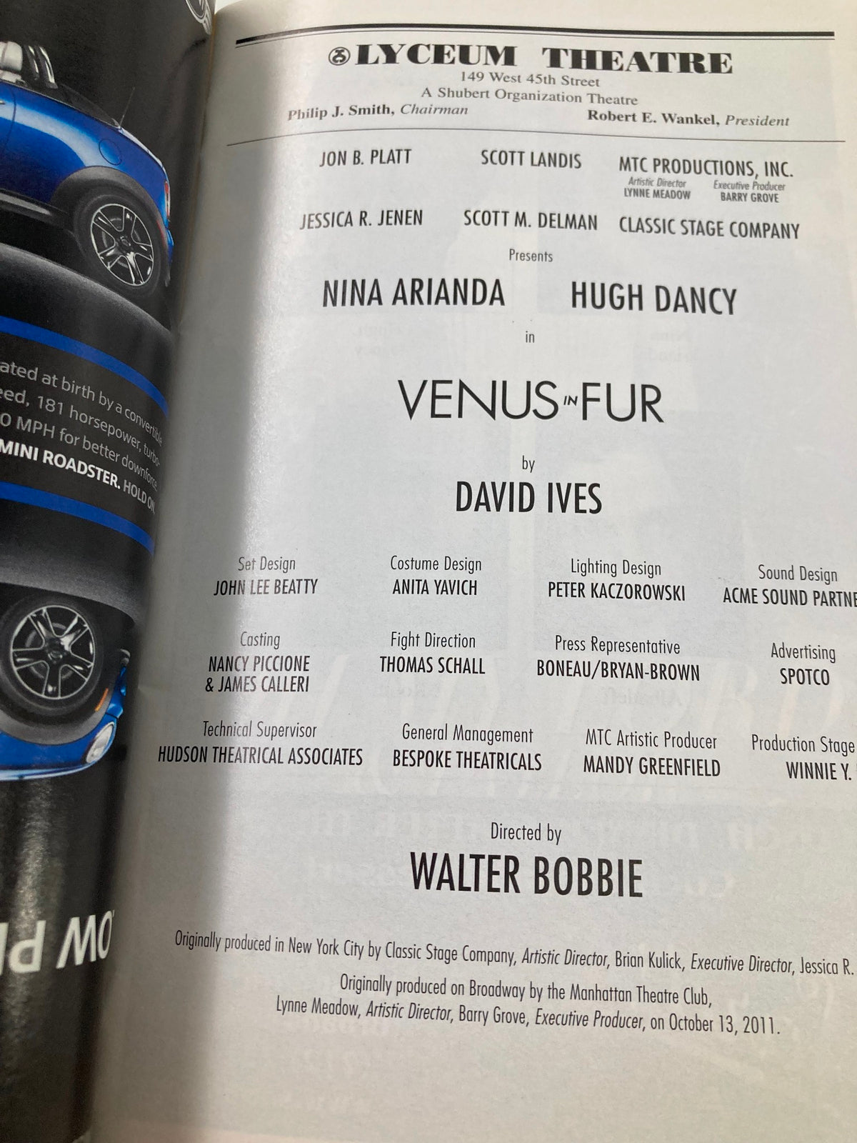 2012 Playbill from the Lyceum Theatre featuring Nina Arianda and Hugh Dancy in the play Venus in Fur, showcasing the artistic performances and listing of the cast and creative team.