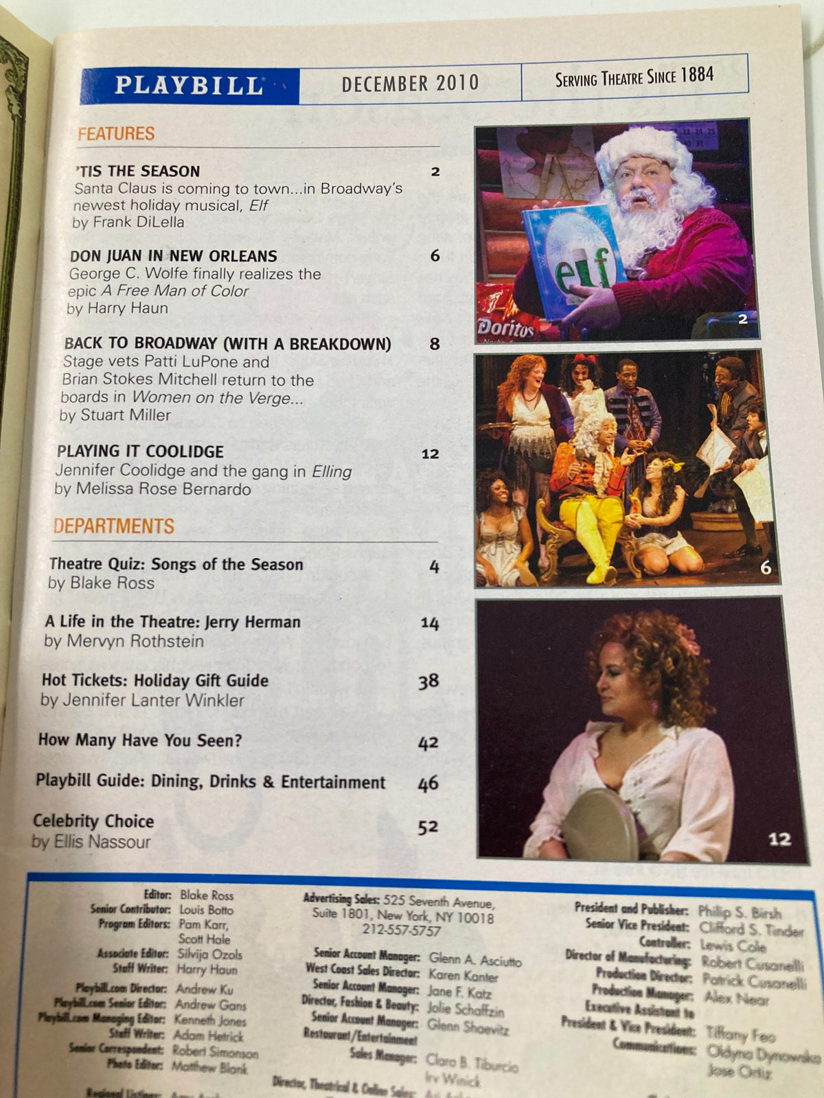 Inside page of the 2010 Playbill from Colin Quinn's 'Long Story Short', showcasing features and departments for December 2010.