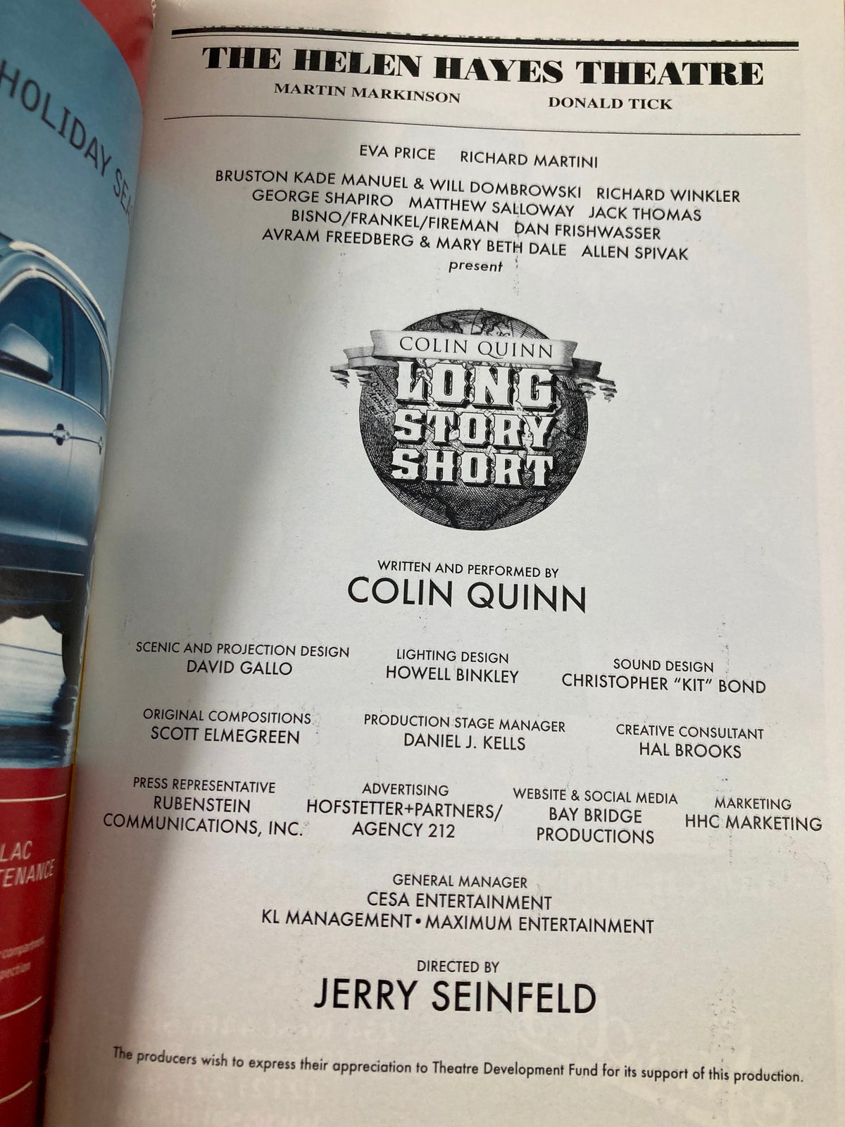2010 Playbill for Colin Quinn's 'Long Story Short' at The Helen Hayes Theatre, featuring cast and crew details in a vintage style layout.