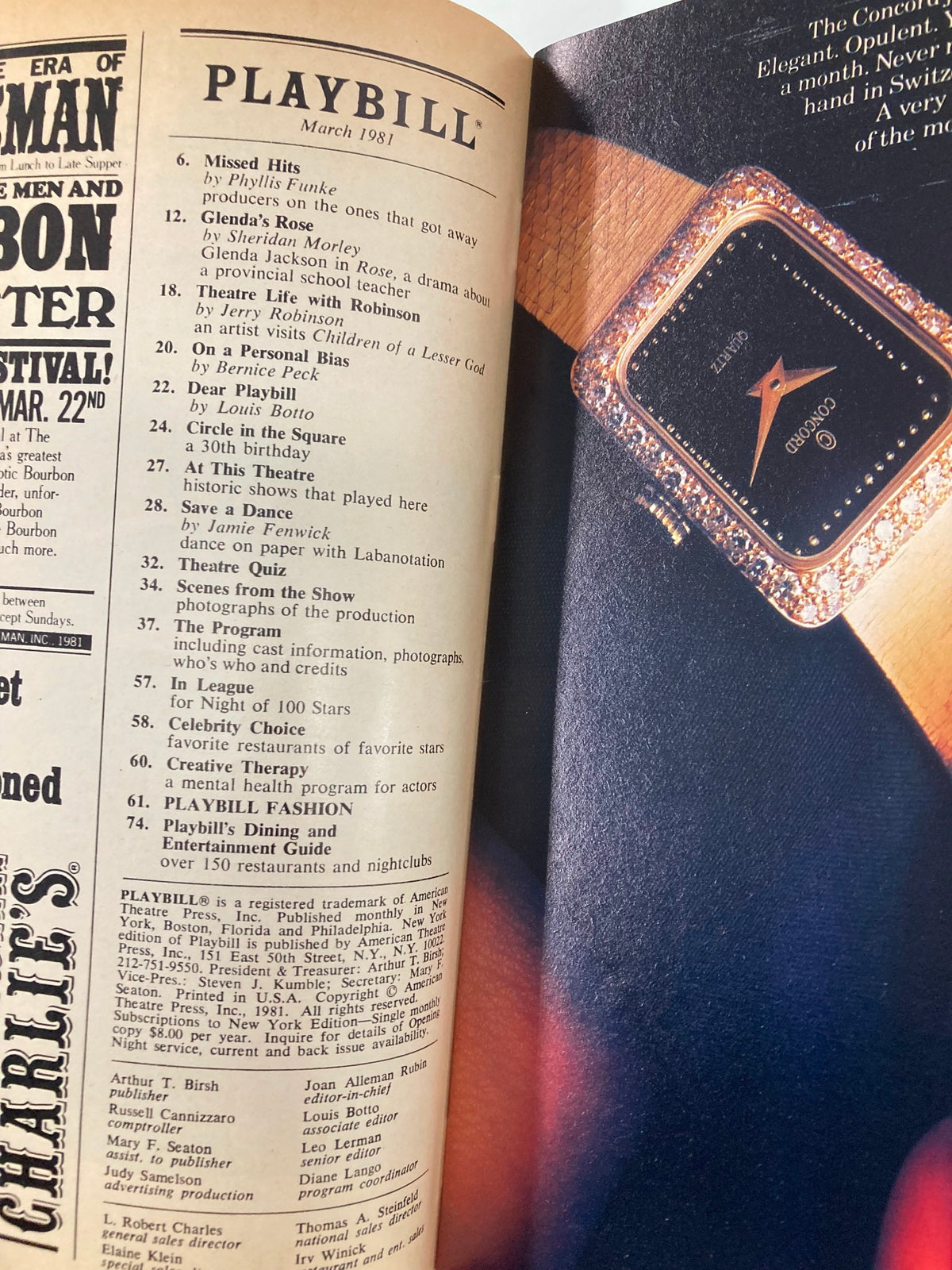Inside the 1981 Playbill from the Brooks Atkinson Theatre showcasing the schedule and credits for theatrical performances.