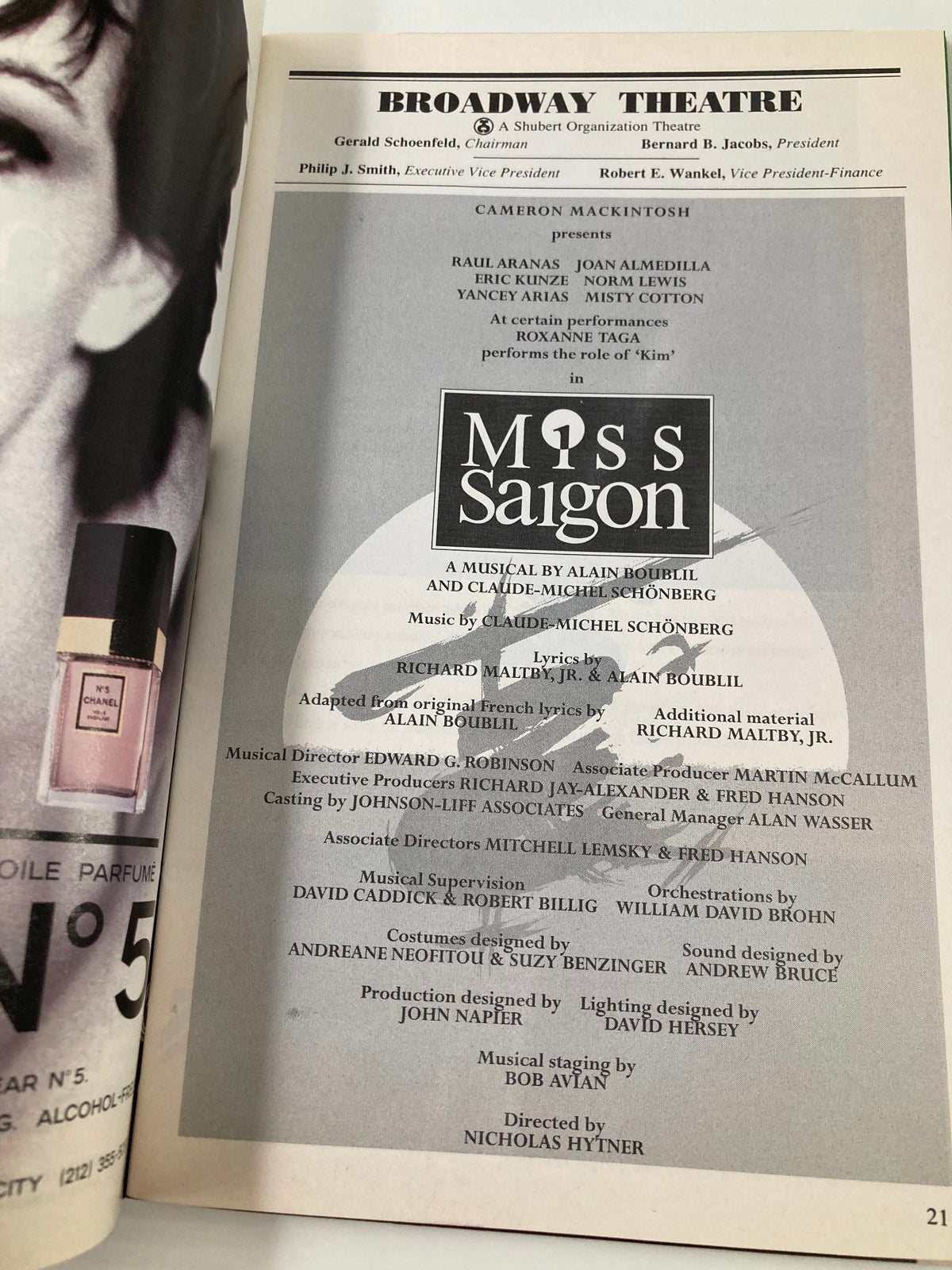 1995 Playbill for Broadway Theatre's Miss Saigon featuring Raul Aranas and Roxanne Taga as Kim, showcasing the cast and production details.