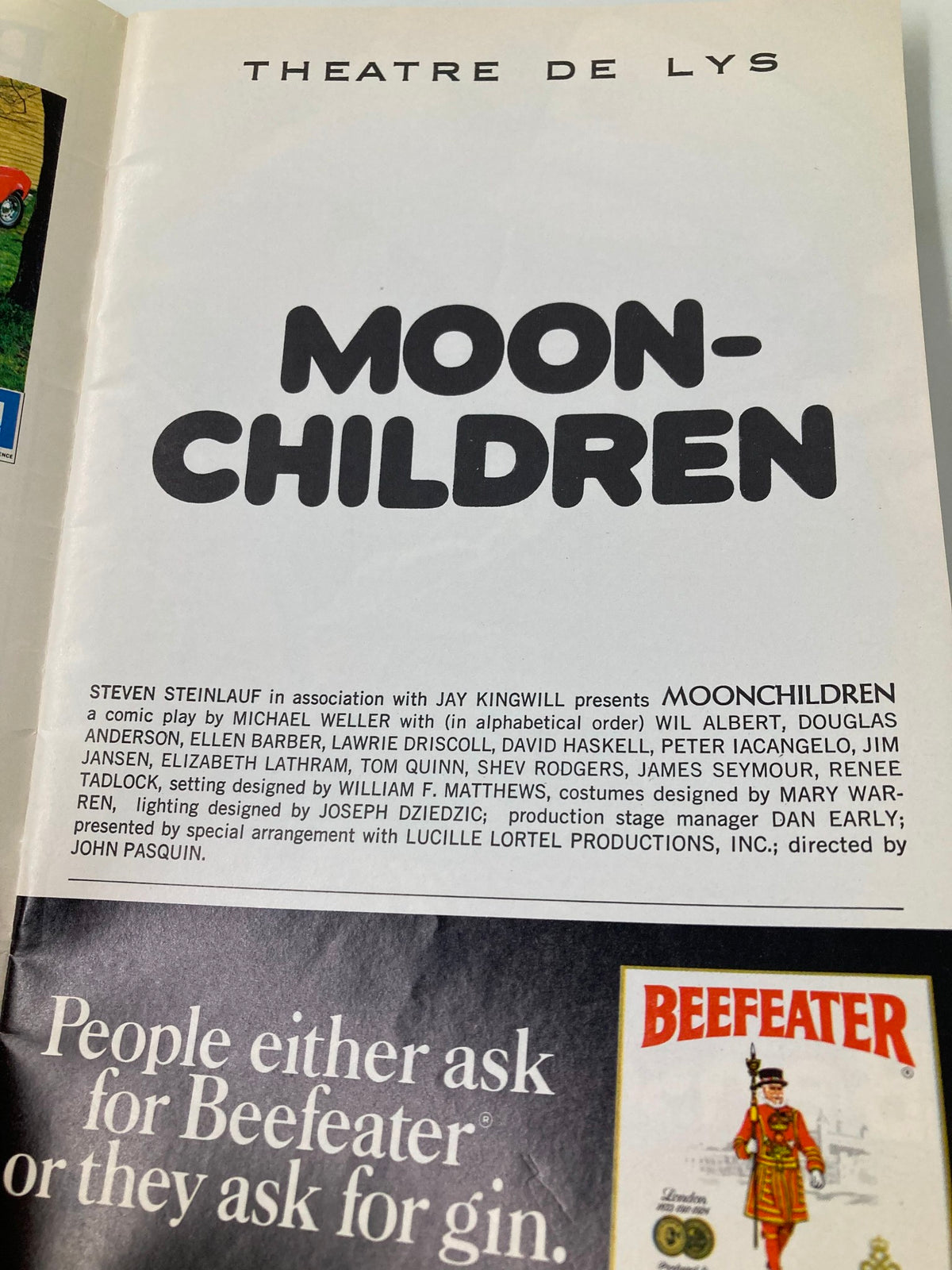 Theatre De Lys page from the 1974 Playbill listing cast members of Moon-Children, emphasizing the performances of Wil Albert and Douglas Anderson.