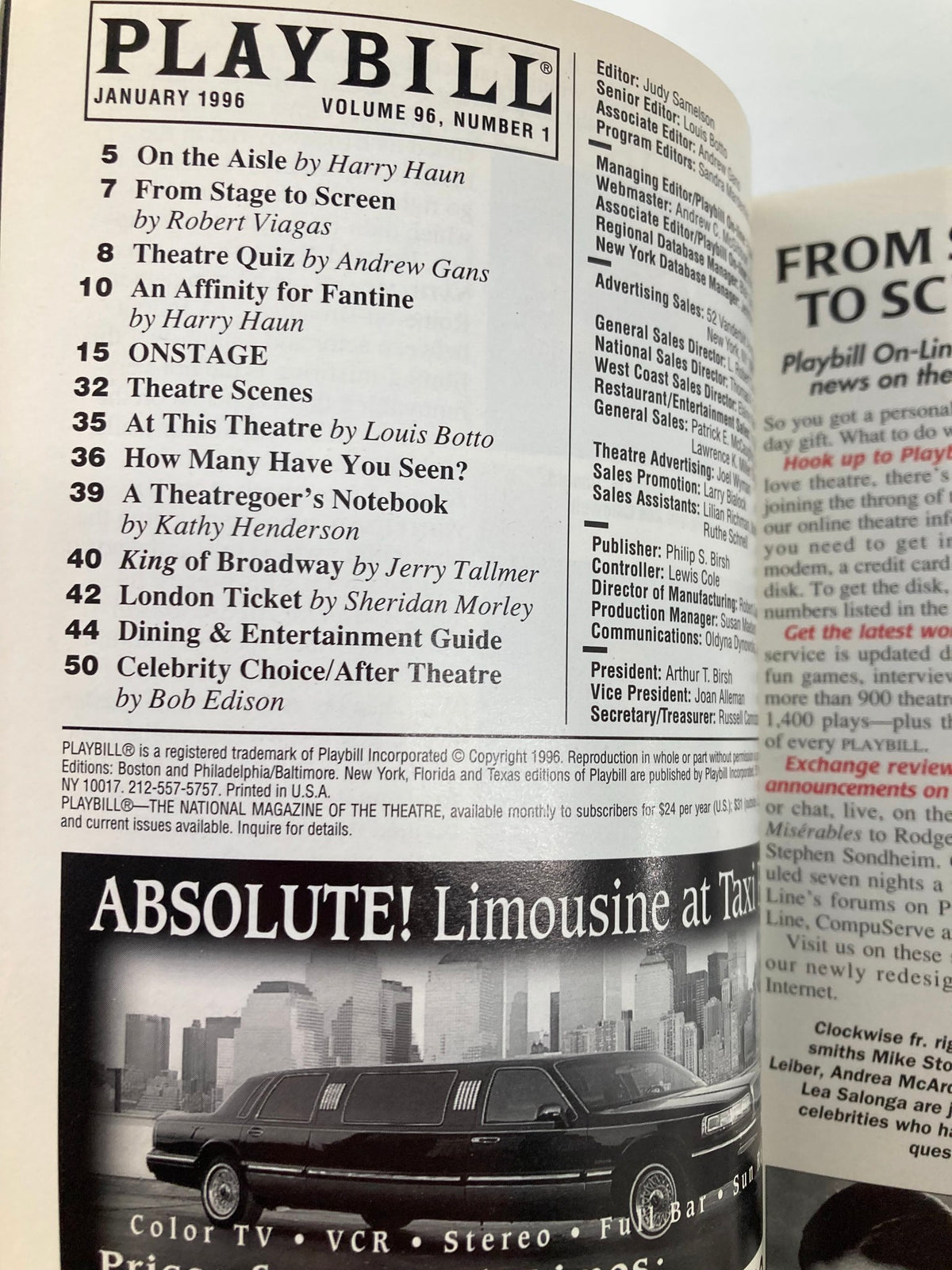 Interior page of the January 1996 Playbill, including features and articles related to Stomp at the Orpheum Theatre.