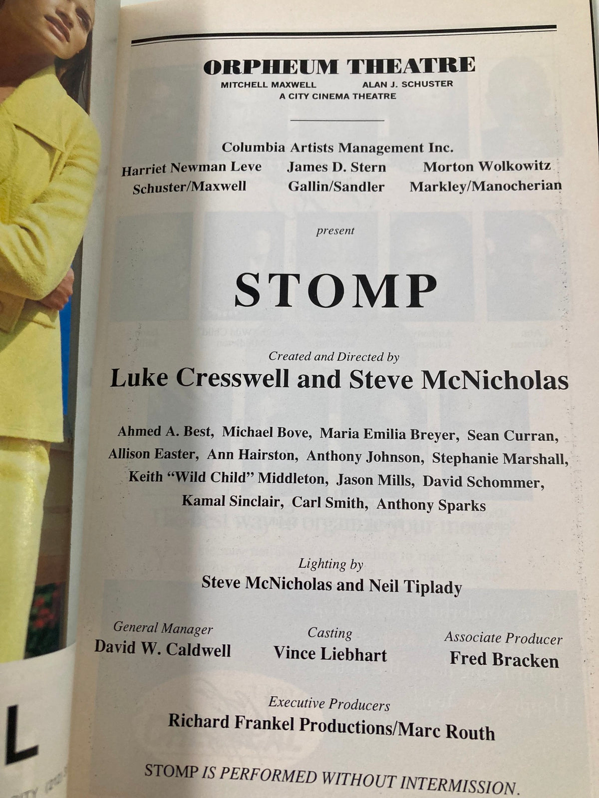 1996 Playbill for the Orpheum Theatre production of Stomp, featuring cast members Ahmed A. Best and Michael Bove, showcasing details of the show and creative team.