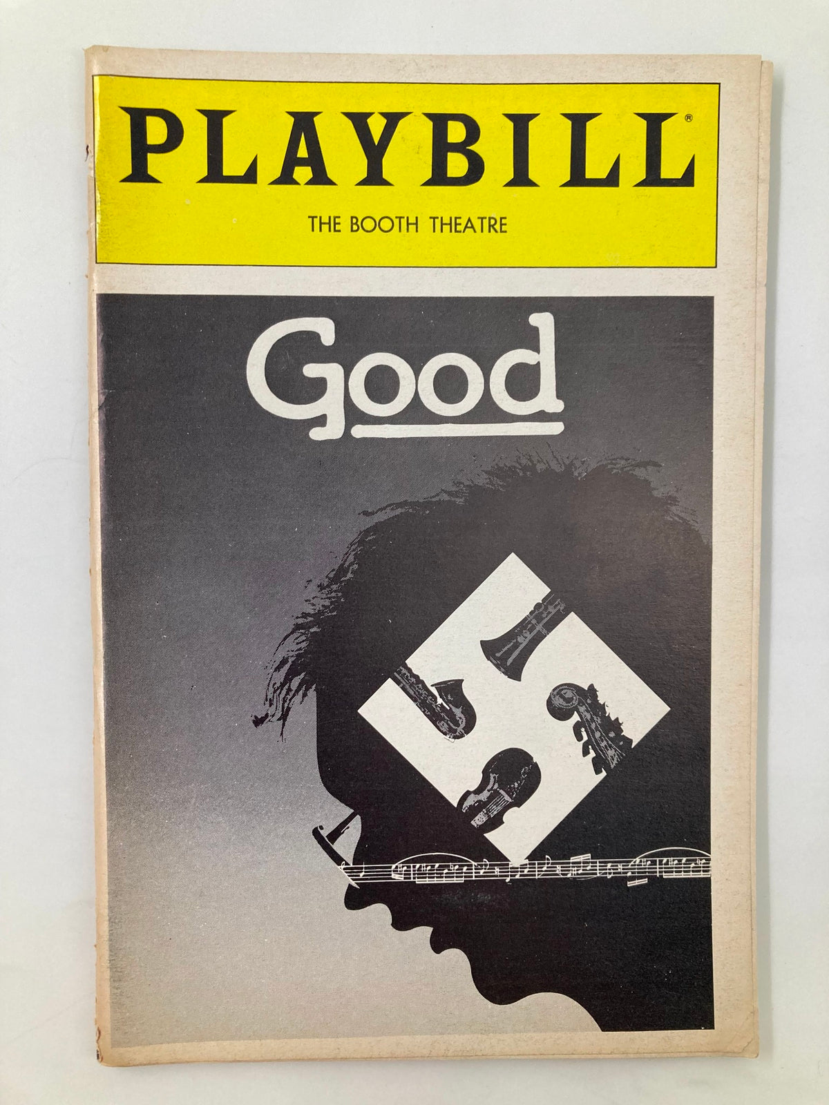 1982 Playbill from The Booth Theatre featuring Alan Howard in 'Good', showcasing a graphic design with a silhouette and musical instruments.