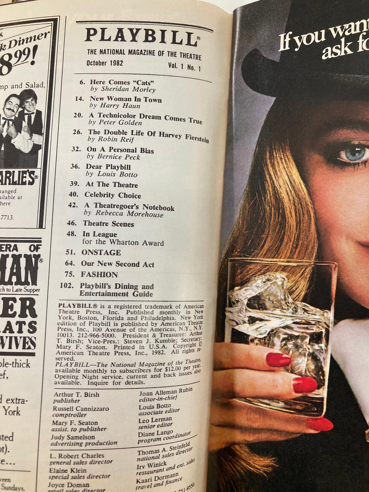 Interior page of the 1982 Playbill with a table of contents, including features and articles related to theater, showcasing the magazine's cover design and layout.