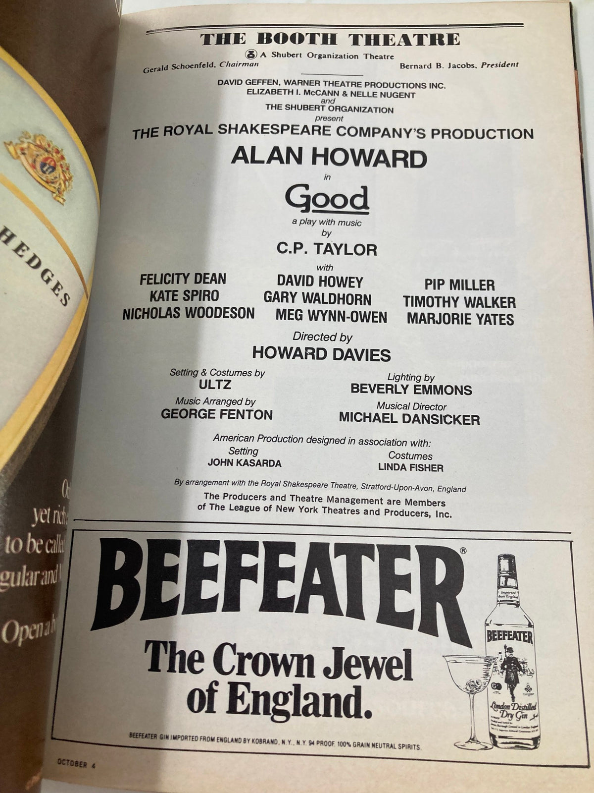 1982 Playbill for The Booth Theatre presenting Alan Howard in 'Good: A Play with Music'. This image features the play's production details, including the director Howard Davies and the cast, along with an advertisement for Beefeater gin.