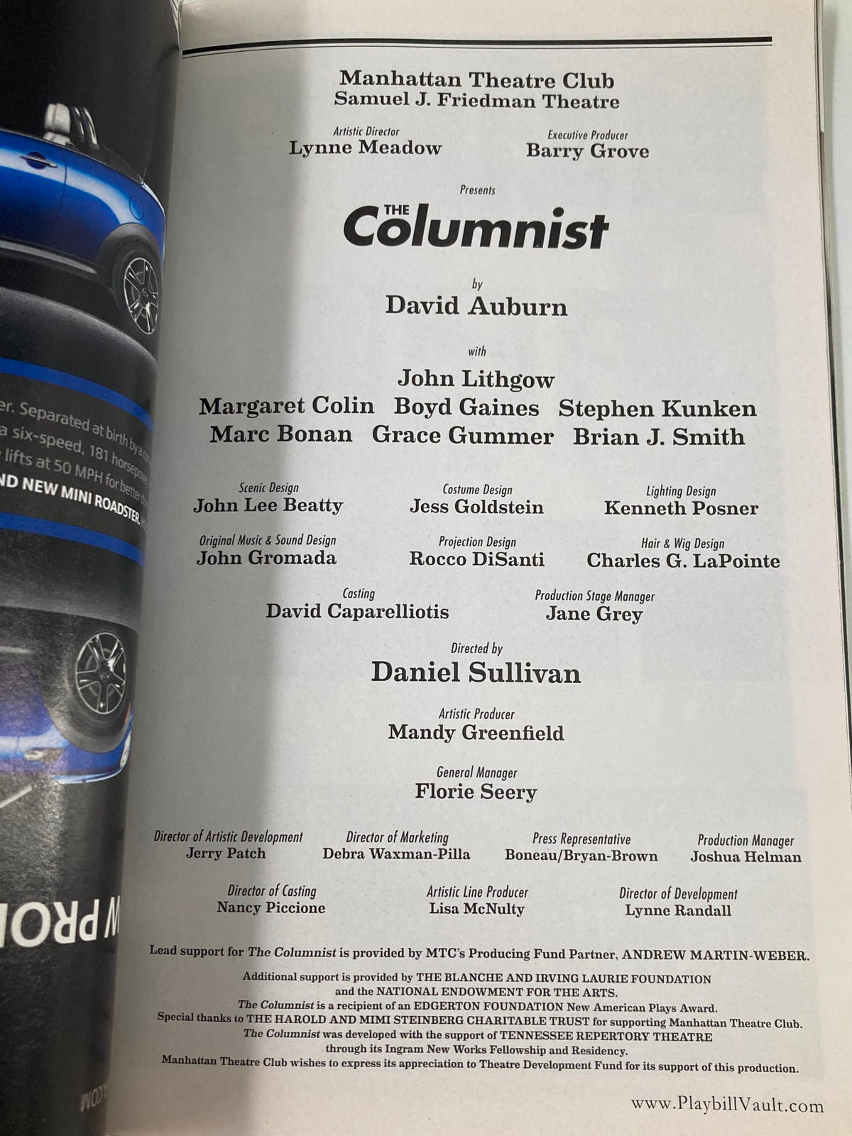 Credits and creative team page from the 2012 Playbill for The Columnist, detailing the director, cast, and production staff.