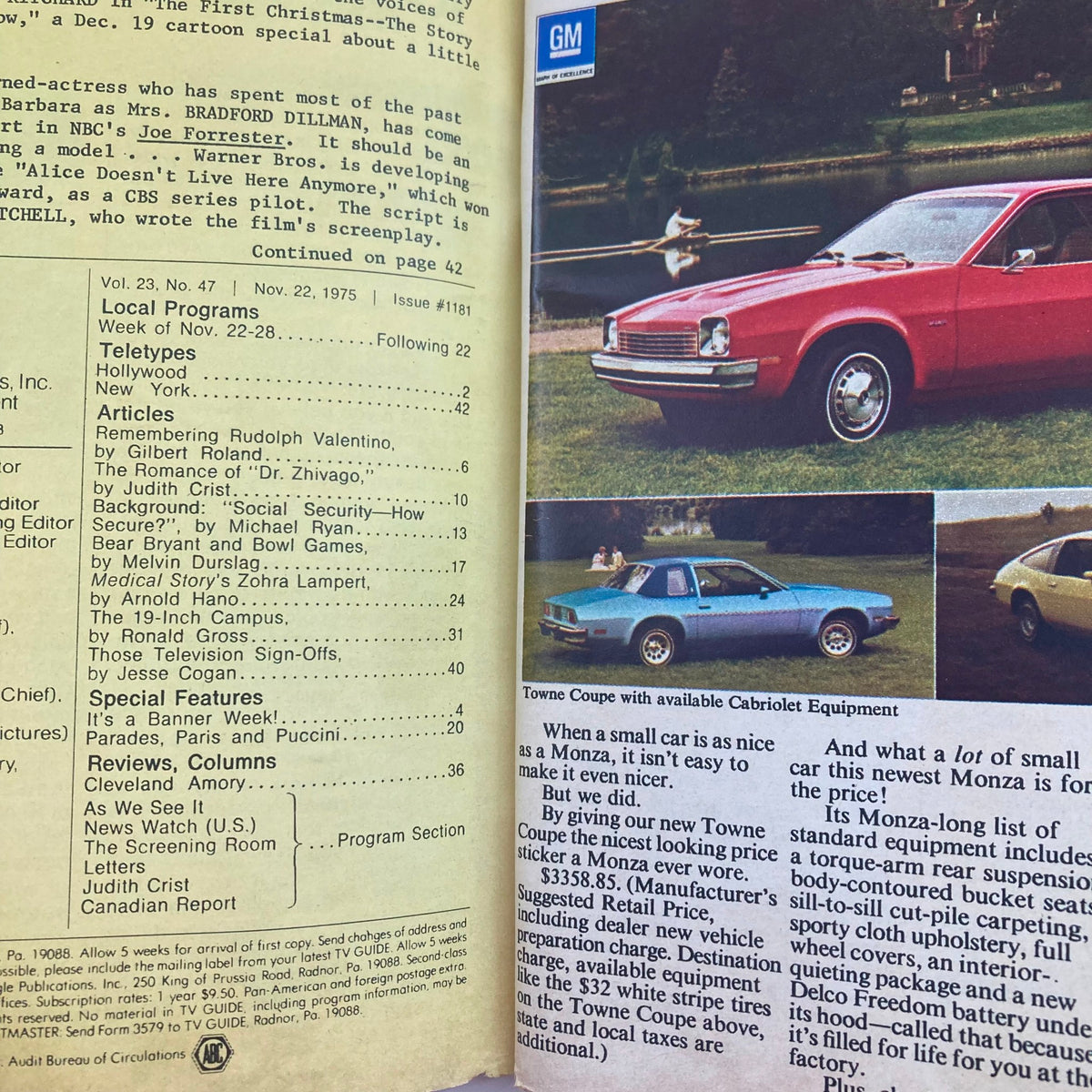 Interior page of TV Guide Magazine November 22 1975 #1181, showcasing articles on local programs, including 'Remembering Rudolph Valentino' and car advertisements.