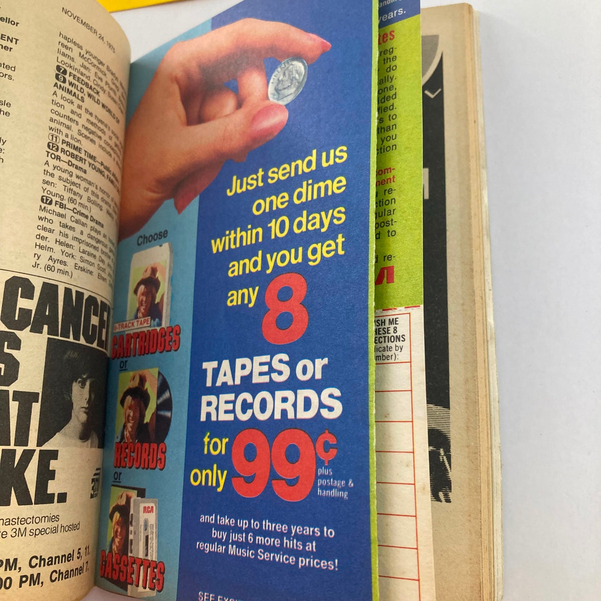 Advertisement in TV Guide Magazine November 22 1975 #1181, promoting a special offer for 8 tapes or records for only 99 cents.