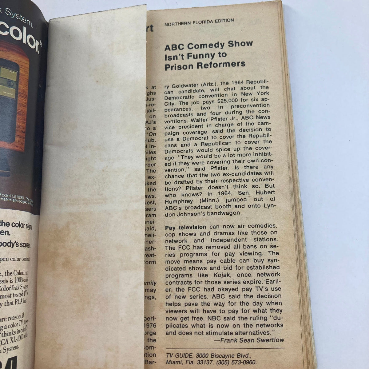 Inside page of TV Guide Magazine November 22 1975 #1181, Northern Florida Edition, featuring an article titled 'ABC Comedy Show Isn’t Funny to Prison Reformers' discussing commentary on a Republican candidate and ABC's broadcasting policies.