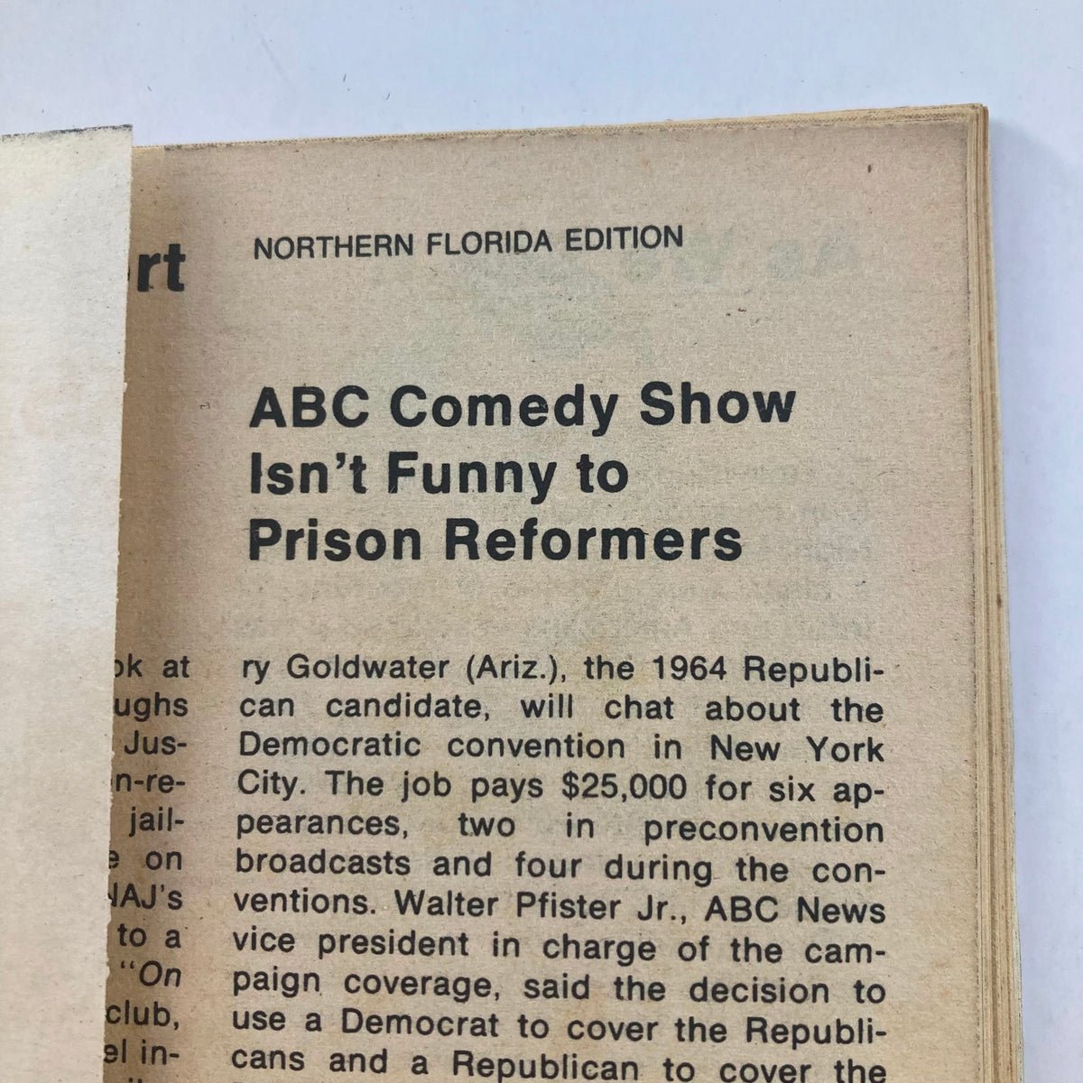 Close-up of an article from TV Guide Magazine November 22 1975 #1181, Northern Florida Edition, titled 'ABC Comedy Show Isn’t Funny to Prison Reformers', focusing on political humor during the 1964 Democratic convention.