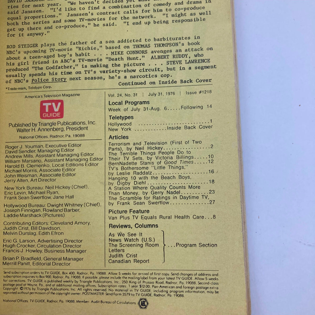 Back cover of the TV Guide Magazine July 31 1976 issue #1218, listing articles and features. The layout includes the magazine's logo and a list of local programs for the week, showcasing the publication's focus on television history.