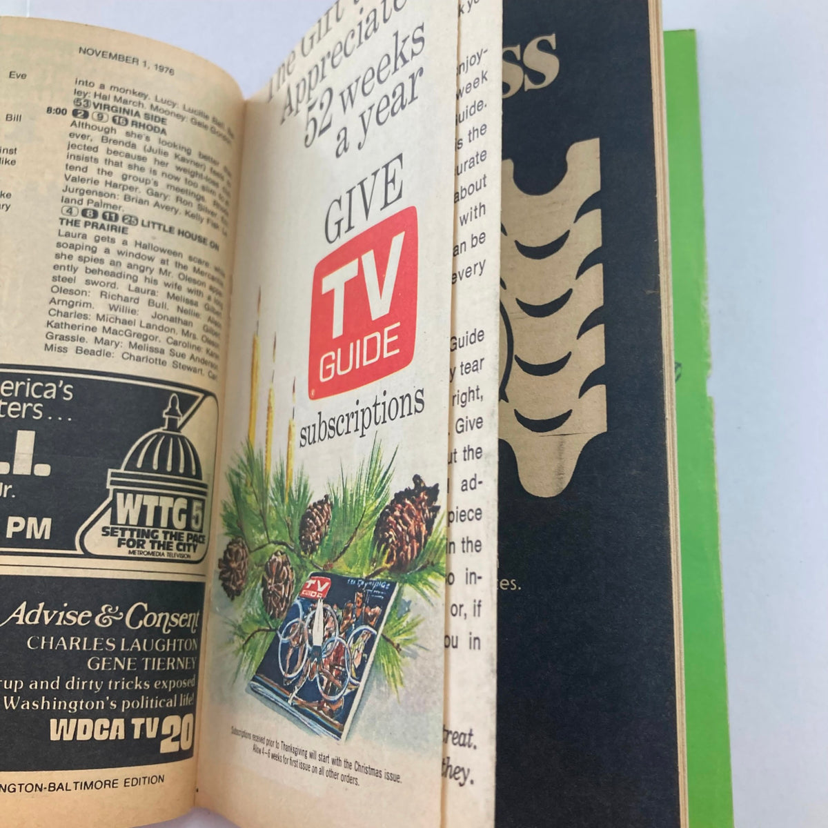Folded page in TV Guide Magazine October 30, 1976, advertising subscriptions with a pinecone decoration and a TV Guide logo.