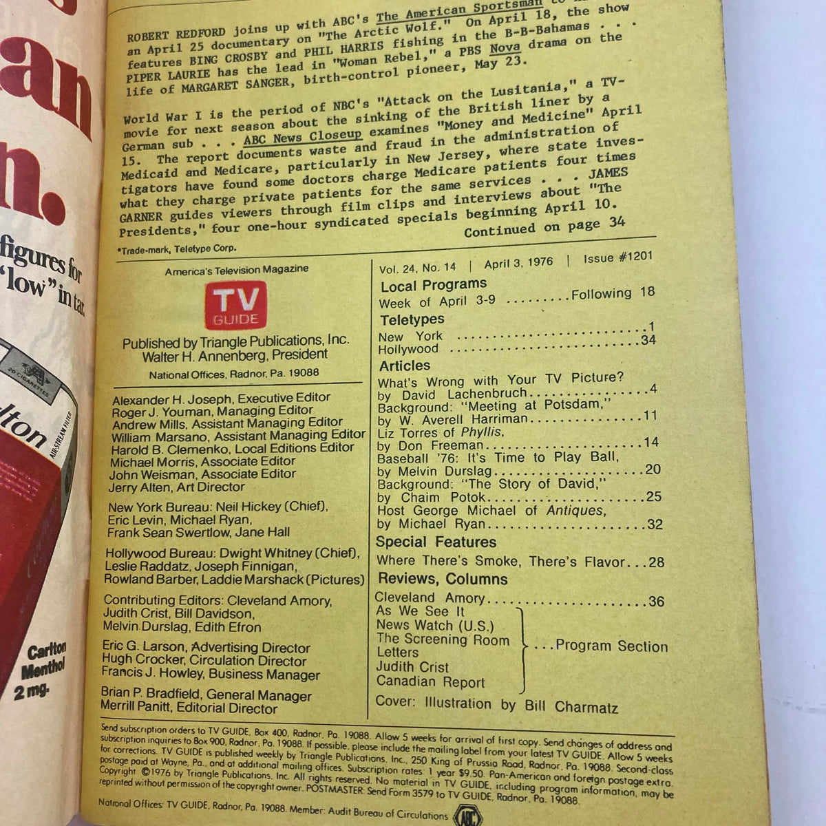 Inside page of the TV Guide Magazine from April 3, 1976, issue #1201, displaying the table of contents and editorial details, highlighted articles and listings.