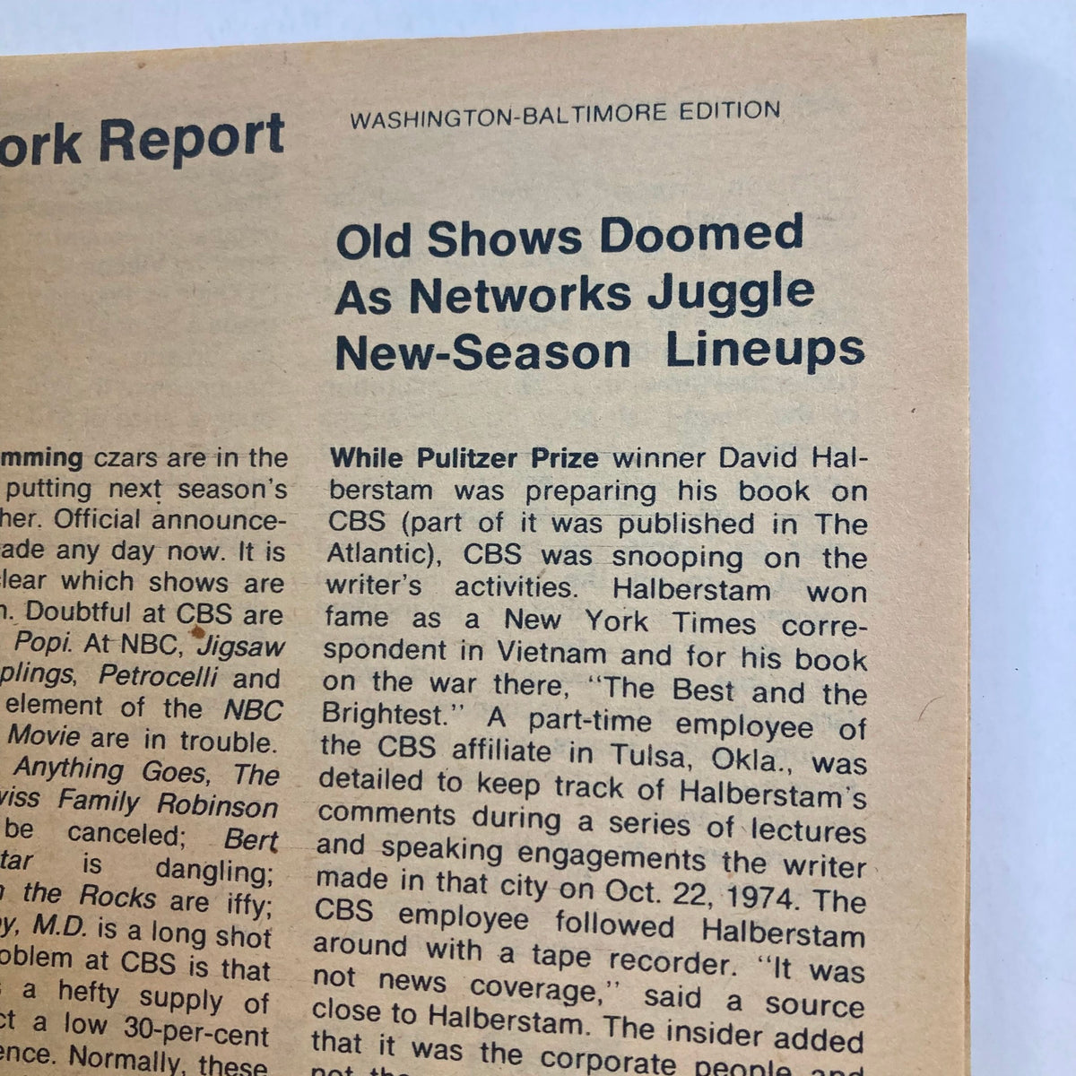 Network Report section of the TV Guide Magazine from April 3, 1976, discussing changes in television programming and the impacts on old shows.