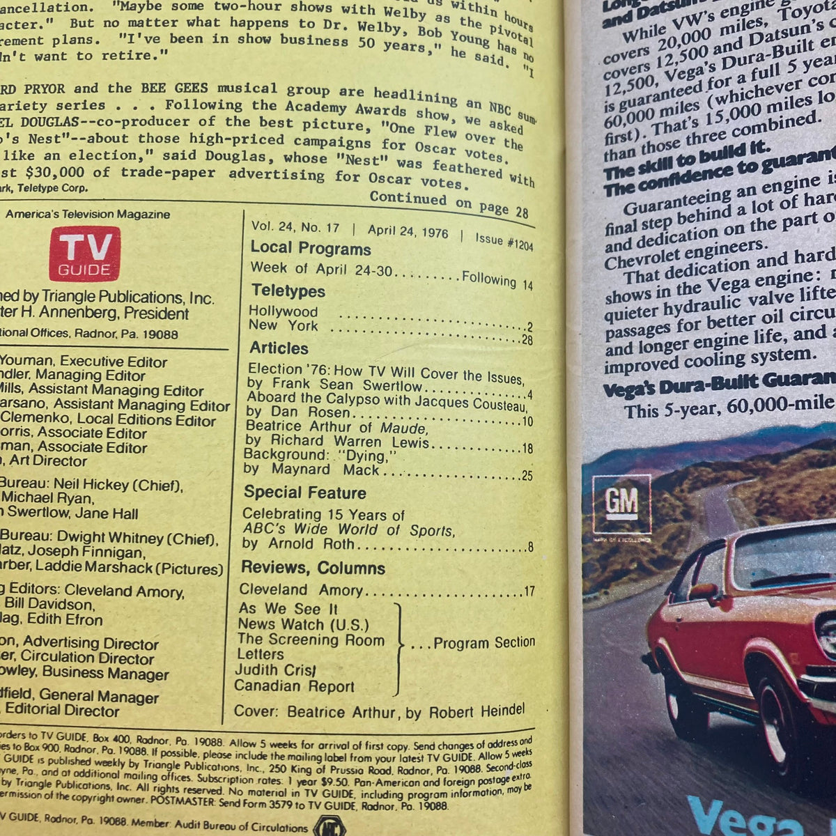 Detailed interior page of TV Guide Magazine April 24 1976 #1204 featuring a list of local programs and articles including a piece on Beatrice Arthur from the show Maude. Highlights the magazine's editorial team and reviews.
