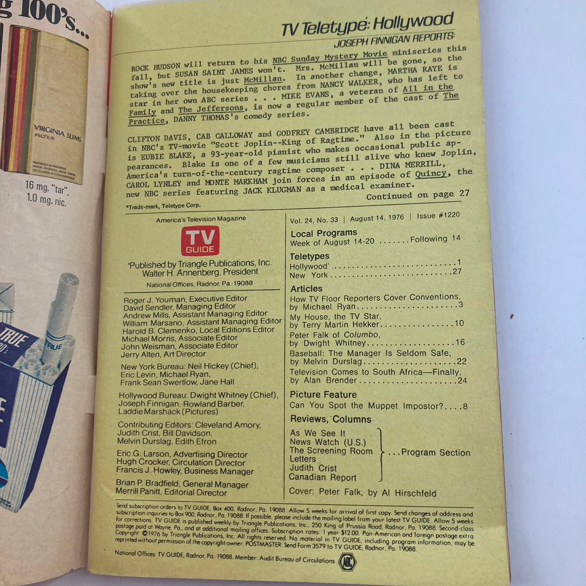 TV Guide Magazine August 14 1976 #1220 Peter Falk Portrait WA-Baltimore Ed.