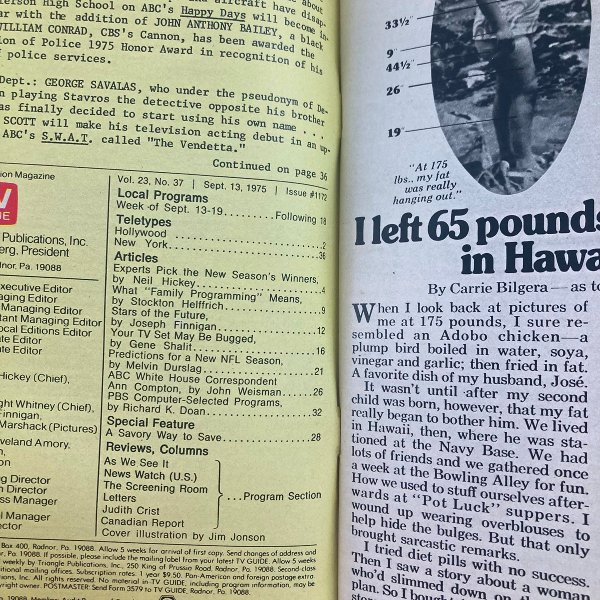 Interior page of TV Guide Magazine September 13, 1975 #1172 showing listings and articles related to NFL Winners and television programs.