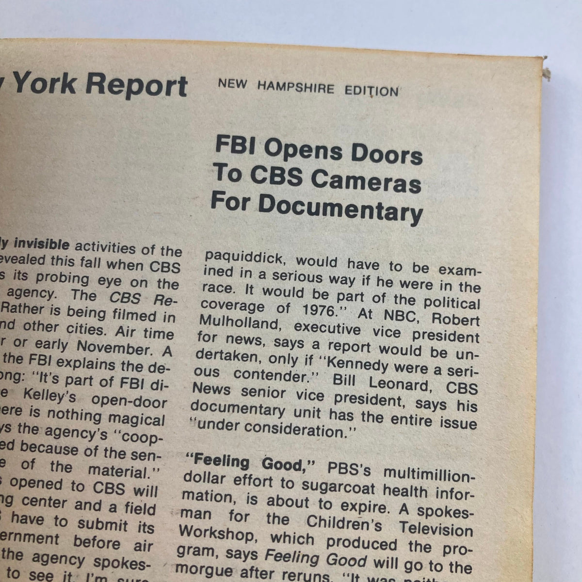 Interior page of TV Guide Magazine September 13, 1975 #1172 featuring an article titled 'FBI Opens Doors To CBS Cameras For Documentary' with a focus on 1976 political coverage.