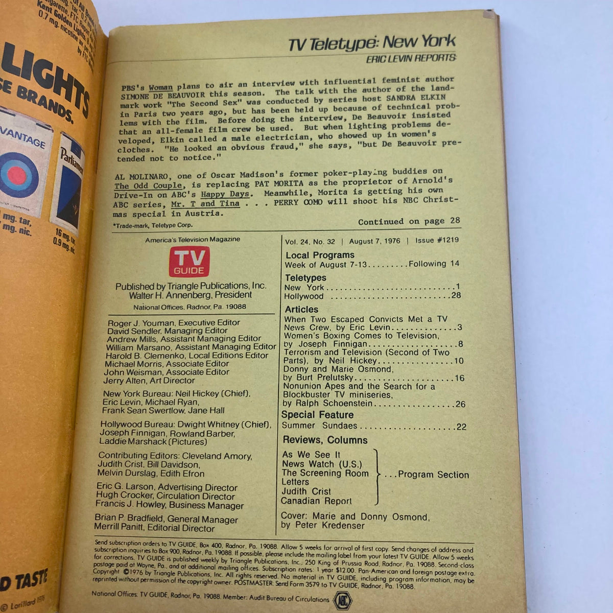 TV Guide Magazine August 7 1976 #1219 Marie & Donny Osmond NY Metro Ed. No Label