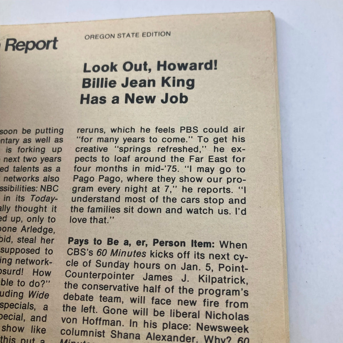 Close-up of TV Guide Magazine December 28 1974 #1135 featuring Bowl Games and Oregon State Edition, showcasing an article titled 'Look Out, Howard! Billie Jean King Has a New Job' with details about PBS programming.