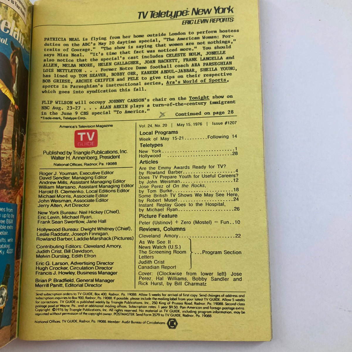 Back cover of TV Guide Magazine May 15 1976 #1207 featuring TV Teletype reports, publisher information, and listings for local programs.