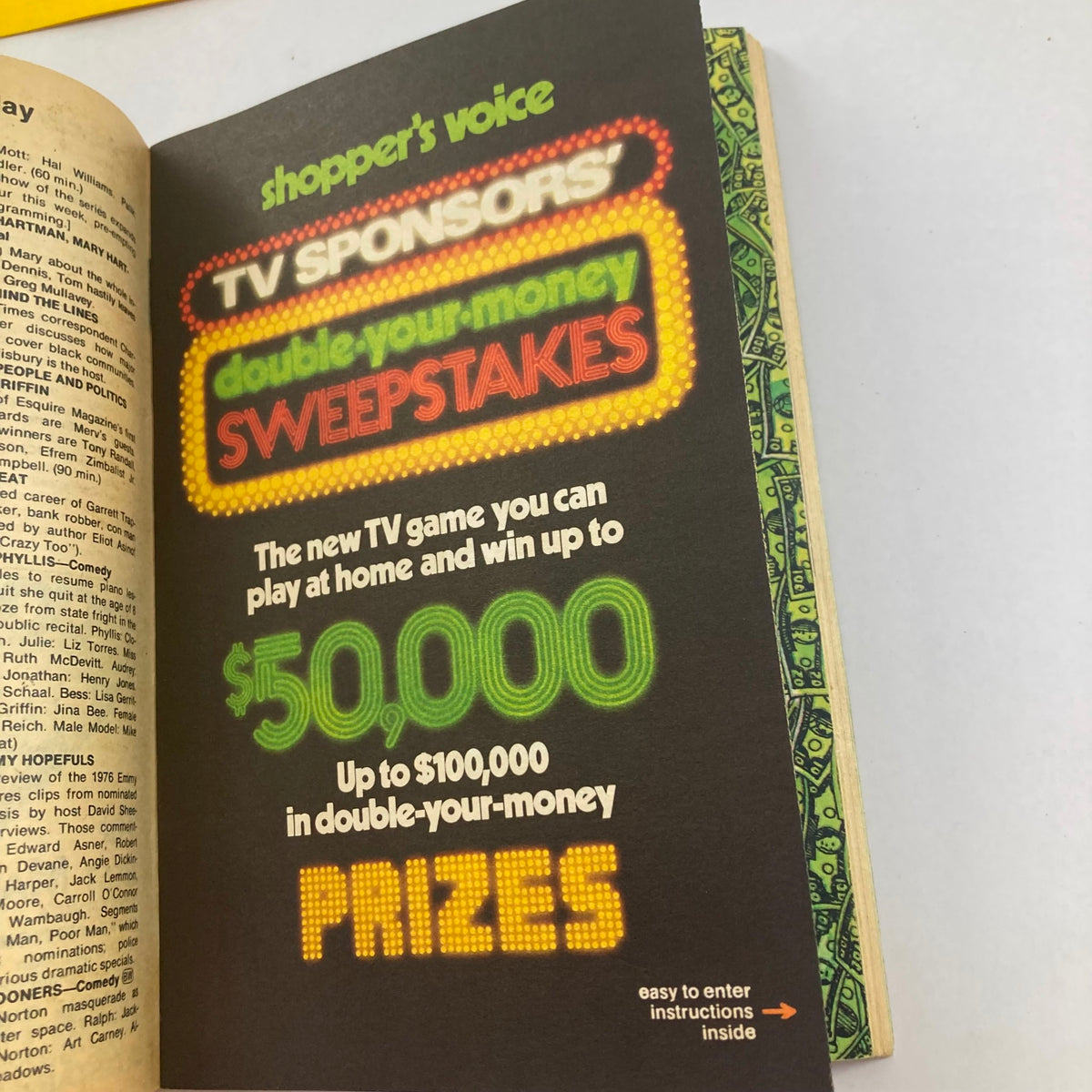 Inside page of TV Guide Magazine May 15 1976 #1207 showcasing a promotional advertisement for 'TV Sponsors' double-your-money sweepstakes, featuring prize information.