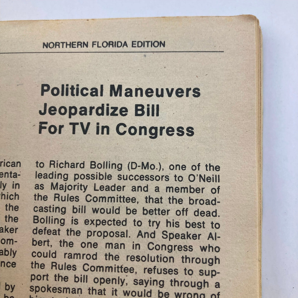 Text from a page in TV Guide Magazine, March 27, 1976, discussing political content related to television broadcasting in Congress, from the Northern Florida edition.