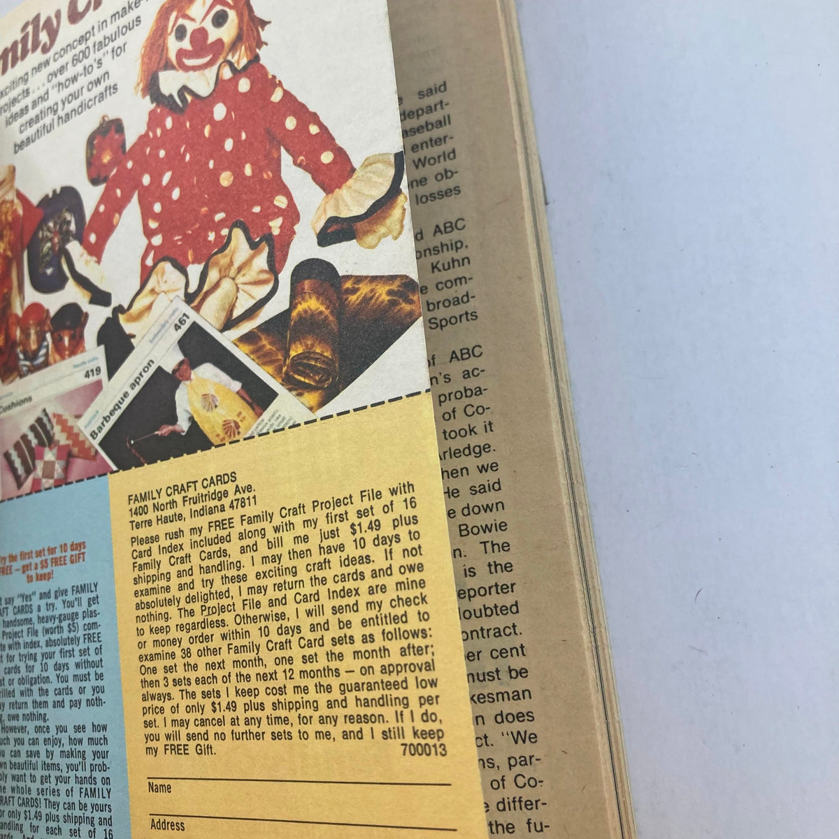 Advertisement for Family Craft Cards from the TV Guide Magazine December 11 1976 #1237, showcasing a clown craft project.