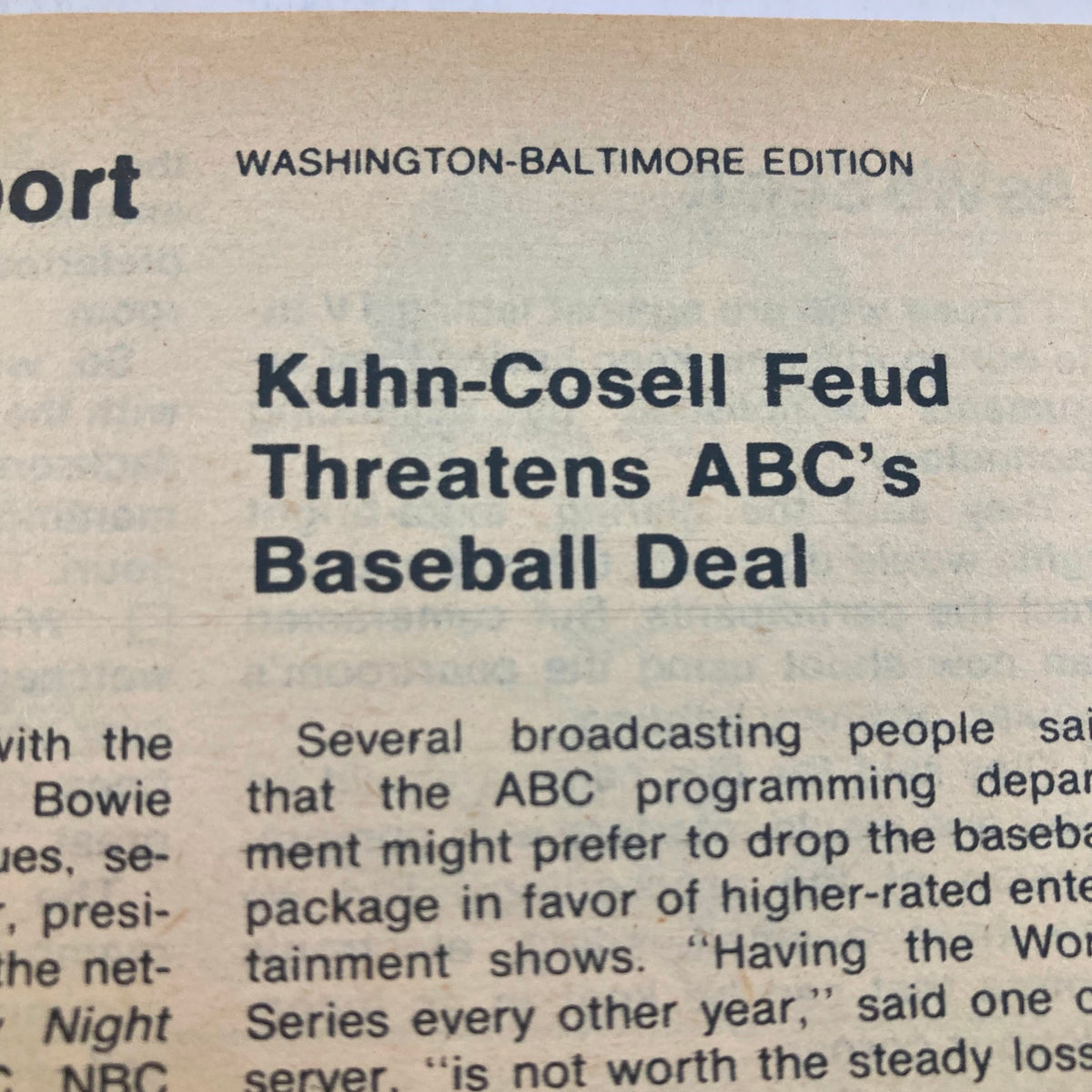 Text highlights from TV Guide Magazine December 11 1976 #1237, discussing the Kuhn-Cosell feud affecting ABC's baseball deal.