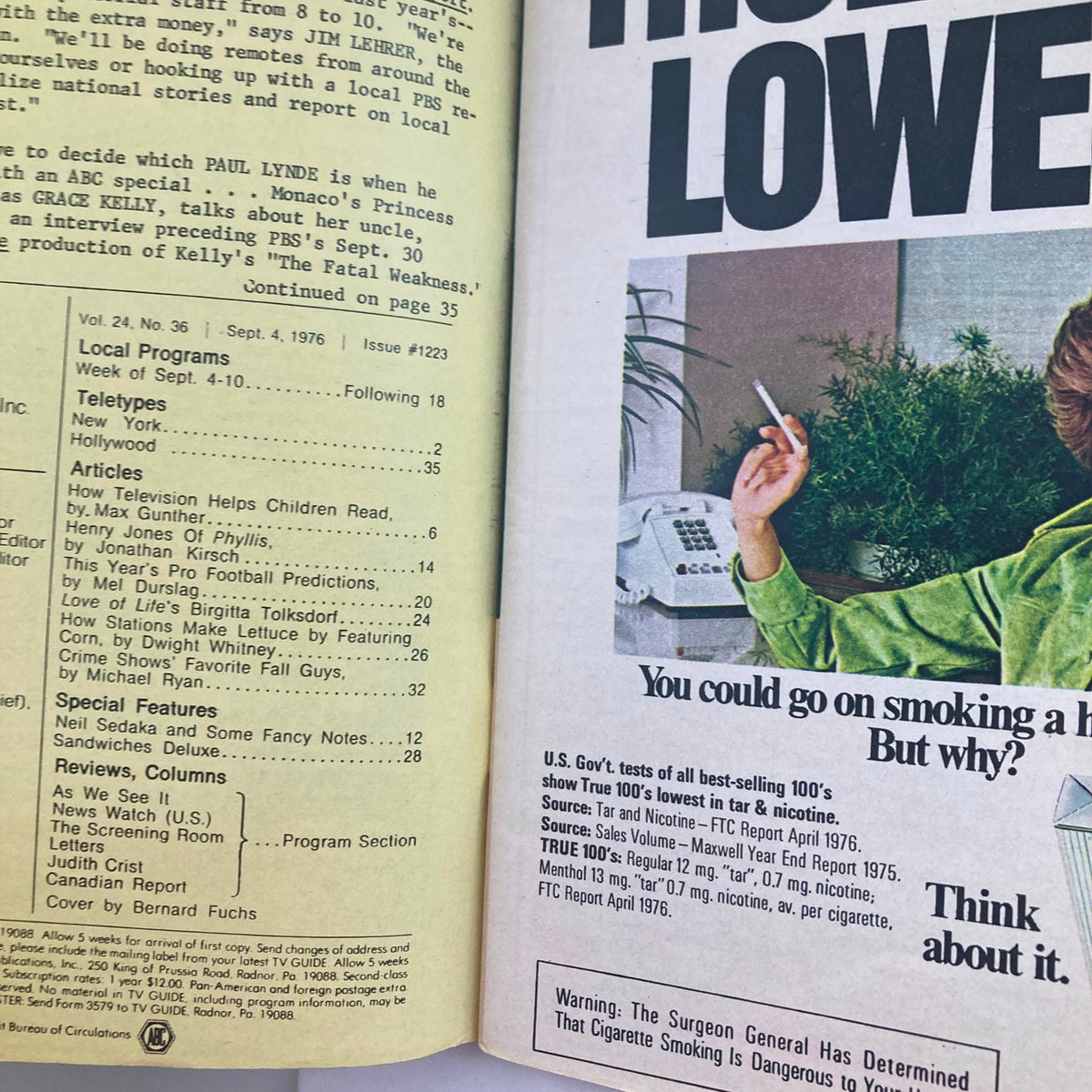 Interior page of TV Guide Magazine, September 4, 1976, Issue #1223, featuring a segment on television programming, including articles and listings, along with an advertisement related to smoking, reflecting the era's media style.