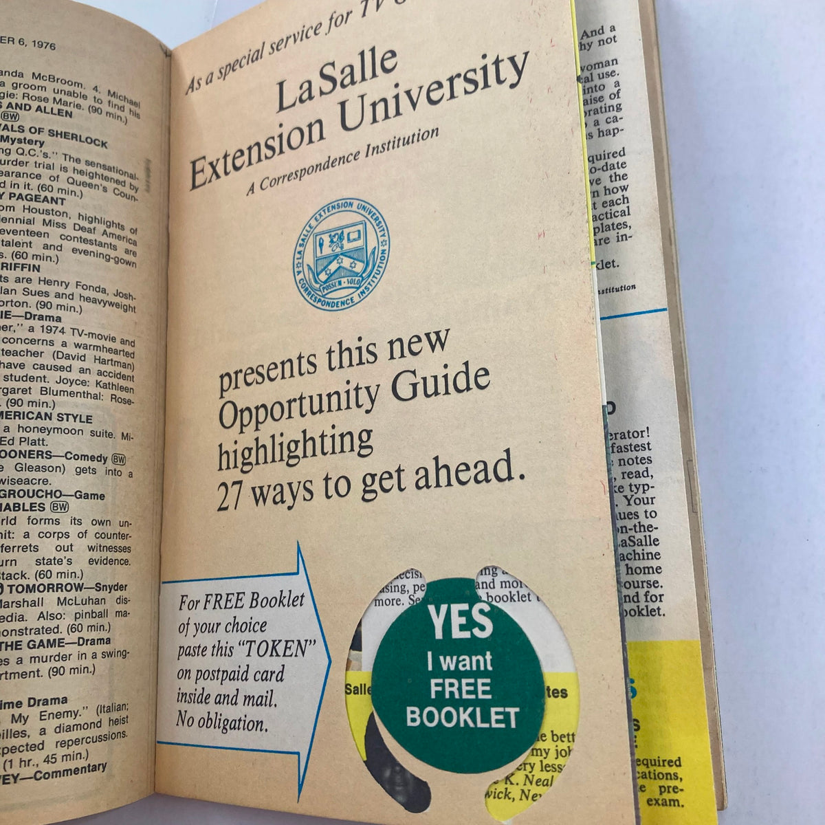 Inside cover of TV Guide Magazine, September 4, 1976, Issue #1223, showcasing the LaSalle Extension University's advertisement for an Opportunity Guide, highlighting educational services and free booklet offer.