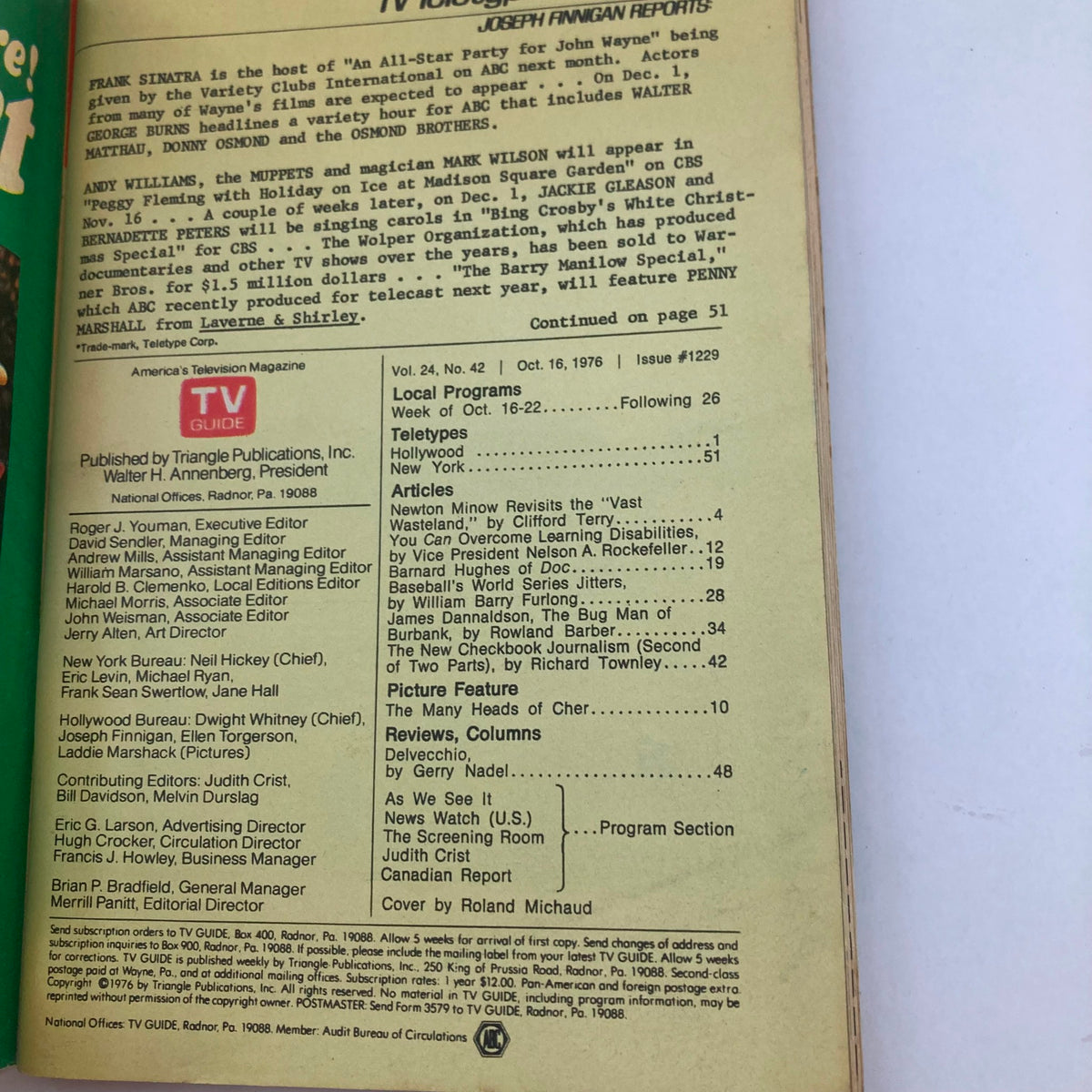 Inside page of TV Guide Magazine October 16 1976, showcasing article listings and editorial credits from the Minneapolis-St. Paul Edition.