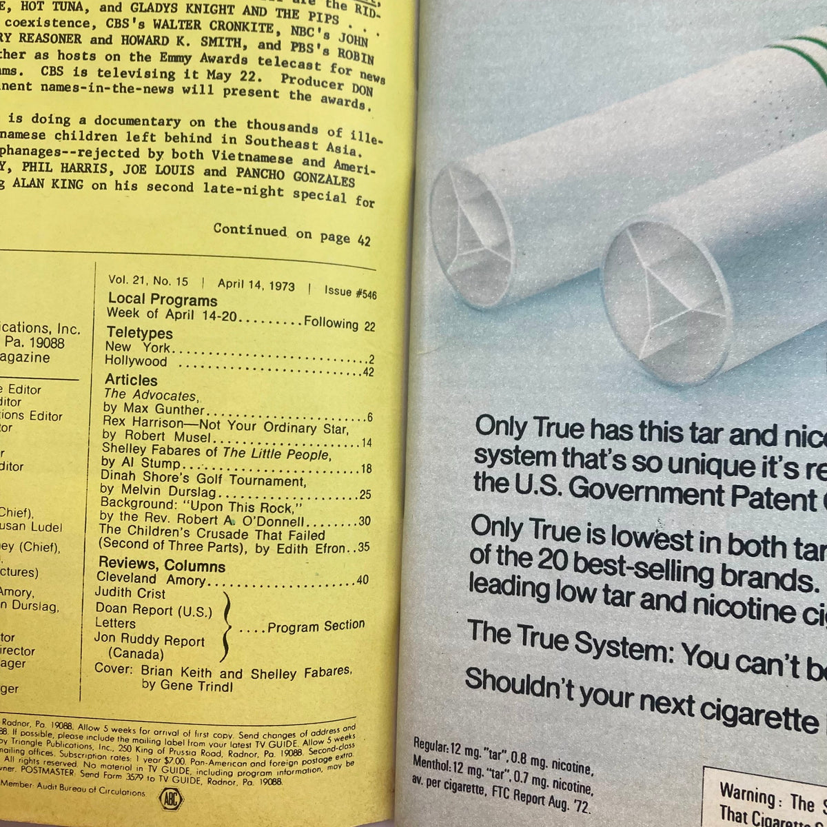 Interior page of TV Guide Magazine April 14 1973 #546 featuring listings and articles, highlighting local programs, with an advertisement for True cigarettes.